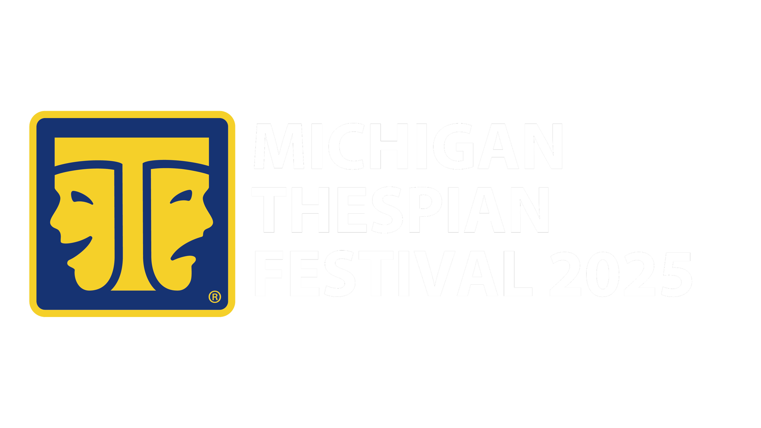 Logo for the Michigan Thespian Festival 2025 with black background, includes theater masks in yellow and blue, and white text.