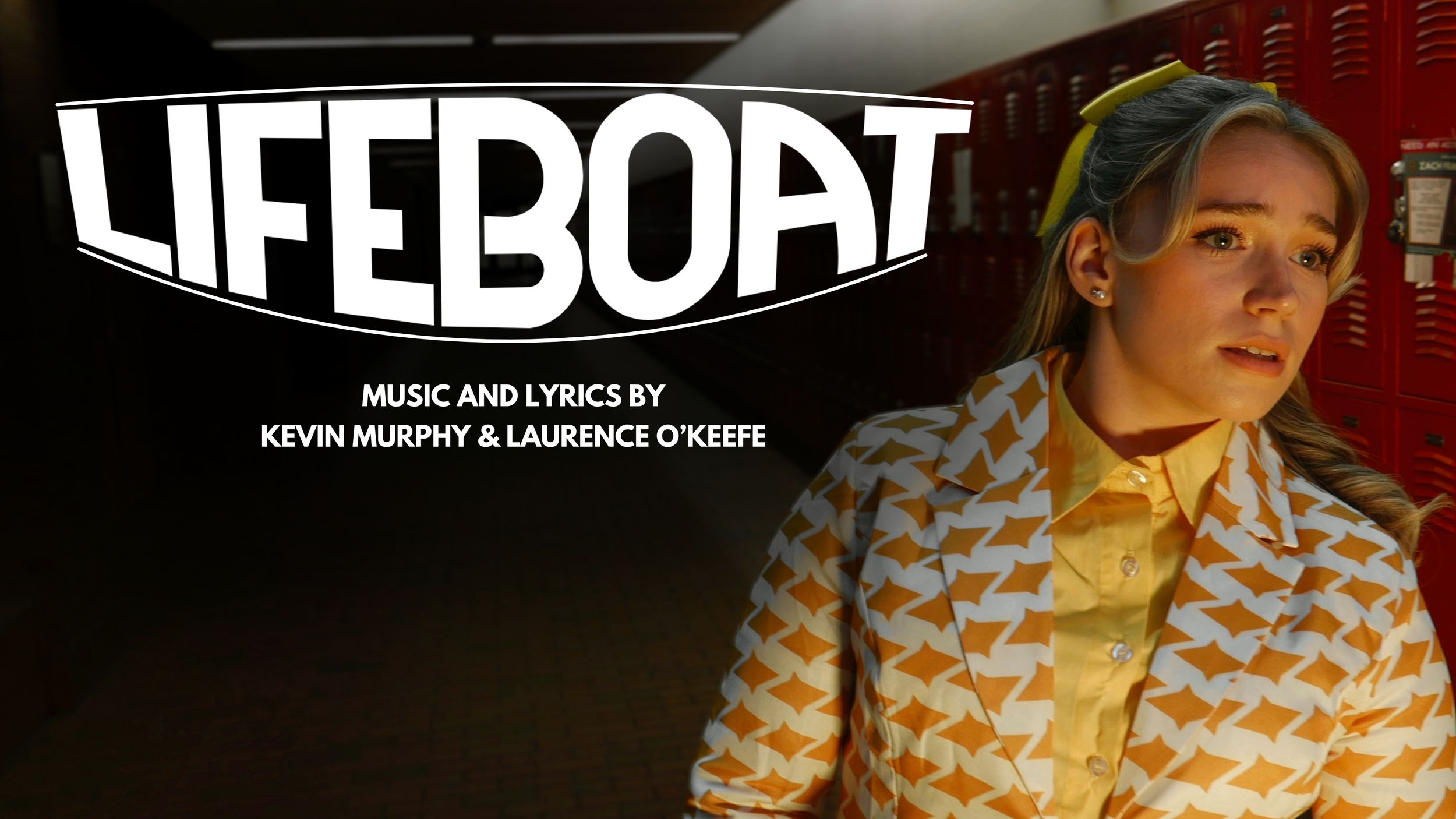 A young girl with a yellow bow in her hair, wearing a yellow shirt and a patterned orange and white blazer, appears to be worried or upset in a school hallway with red lockers.