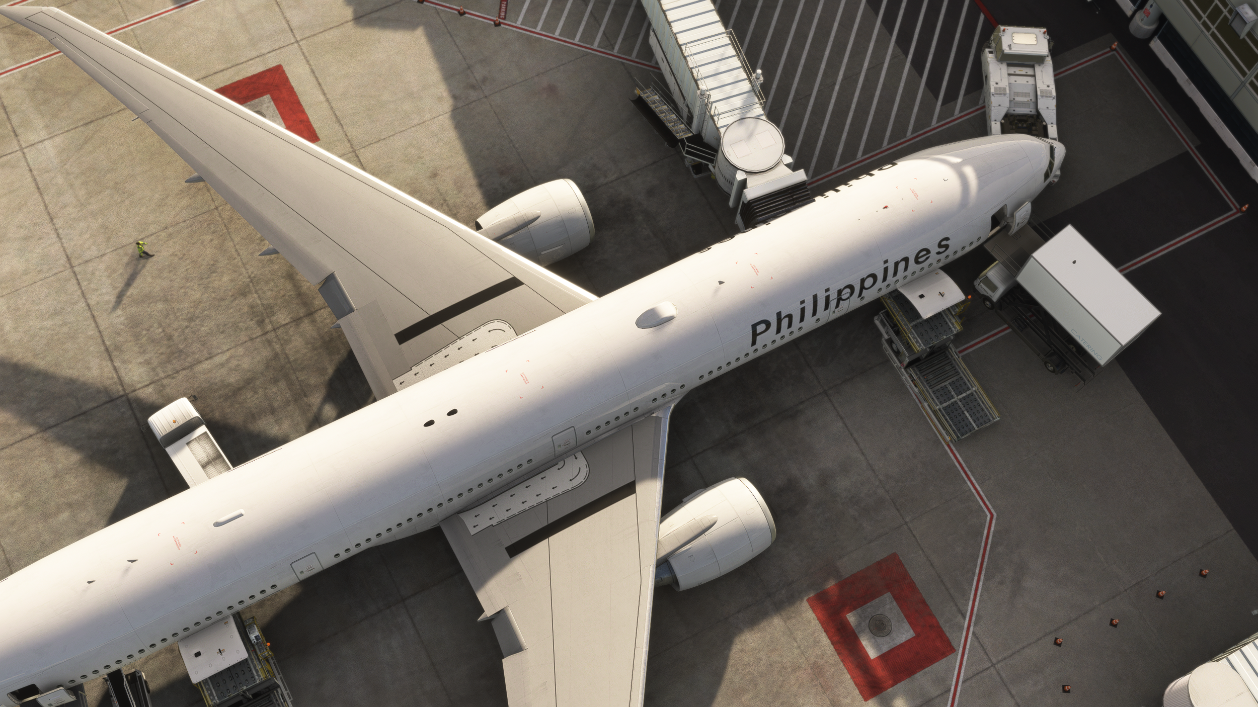  Service vehicles enhance the scene while the focus remains on the airplane 