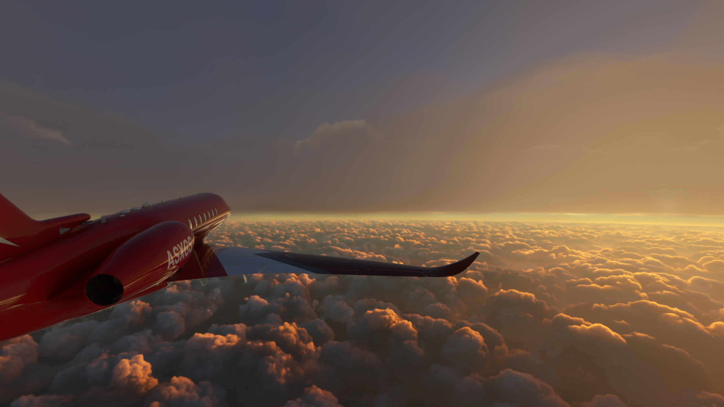  The airplane and the clouds above and below it are all lit by a setting sun peeking through the gap 