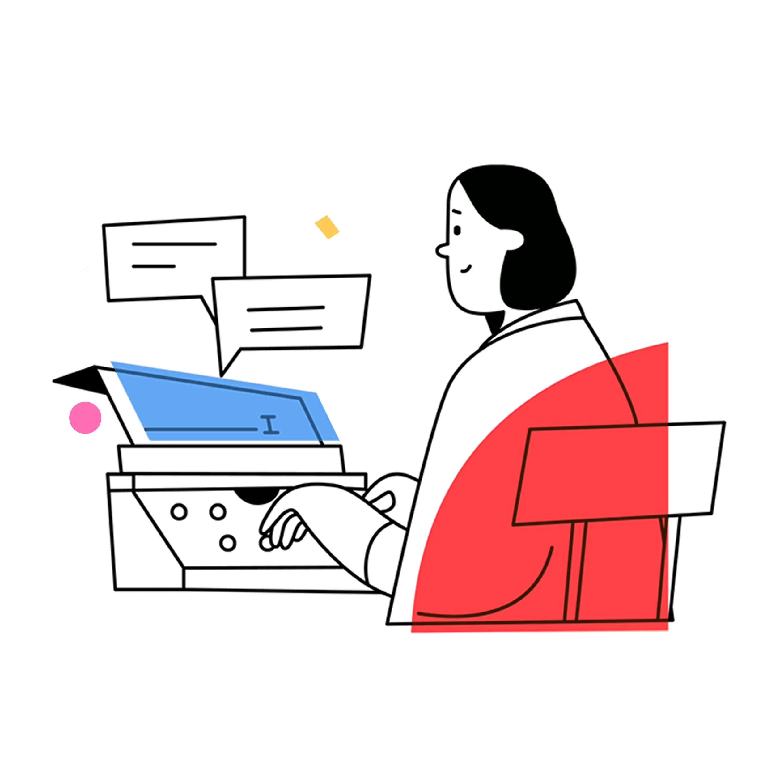 Illustration of a black-haired lady messaging someone on a computer and getting a response.