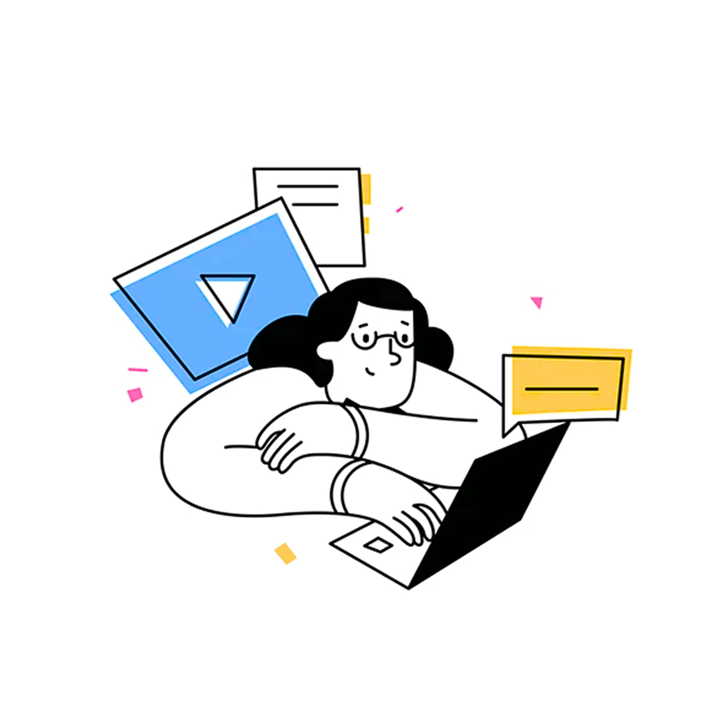 Illustration of a woman with black hair and glasses watching a youtube video for inspiration.