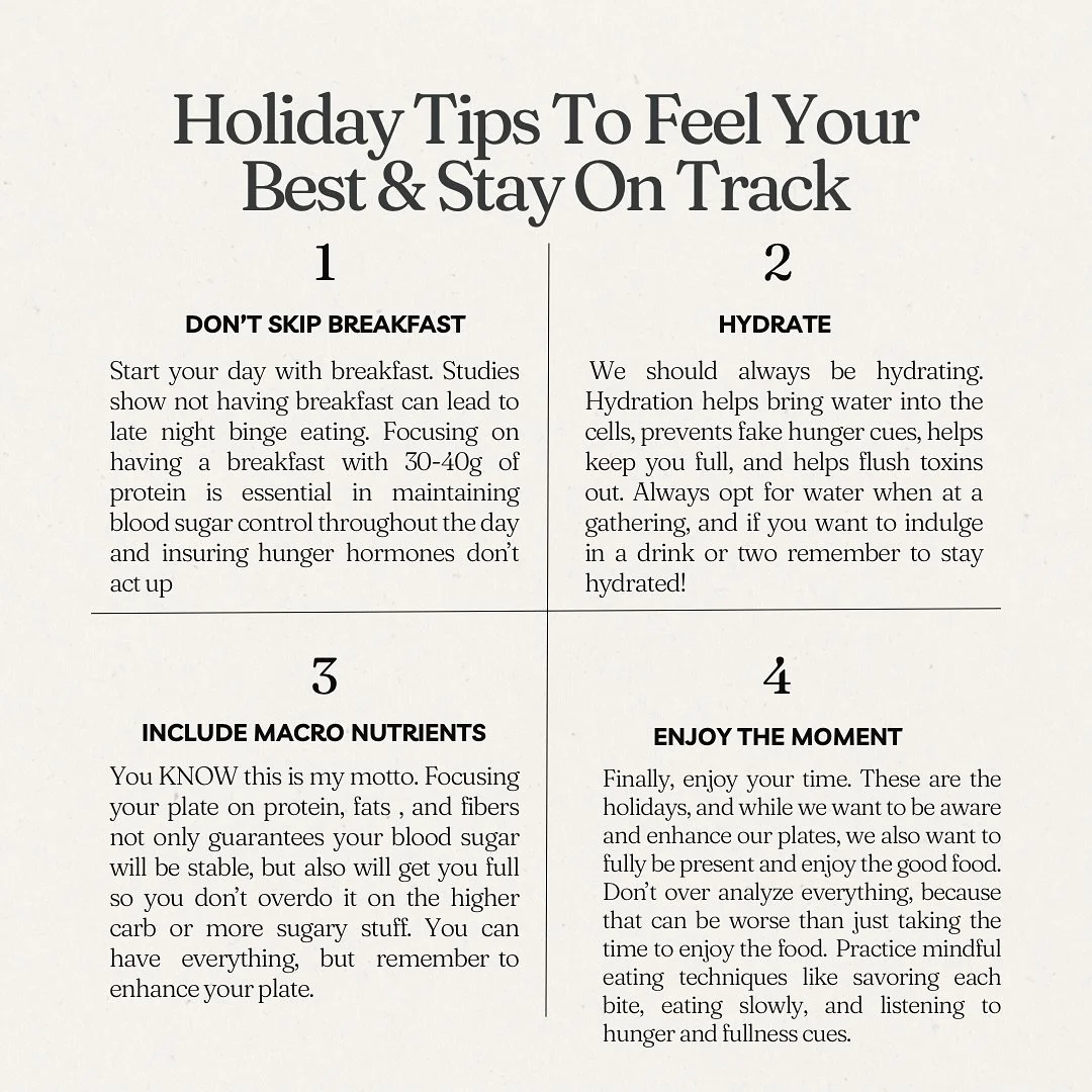 Some holiday tips I&rsquo;d give my private clients. Don&rsquo;t let the holidays overwhelm you! By following these steps- you&rsquo;ll ensure staying on track AND feel great! Who&rsquo;s going to implement some of these ? 

#women #weightlossjourney