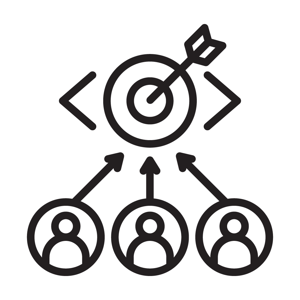 Three employees aligned below an arrow with a bulls-eyed target above them - Employee/Organization Alignment Icon