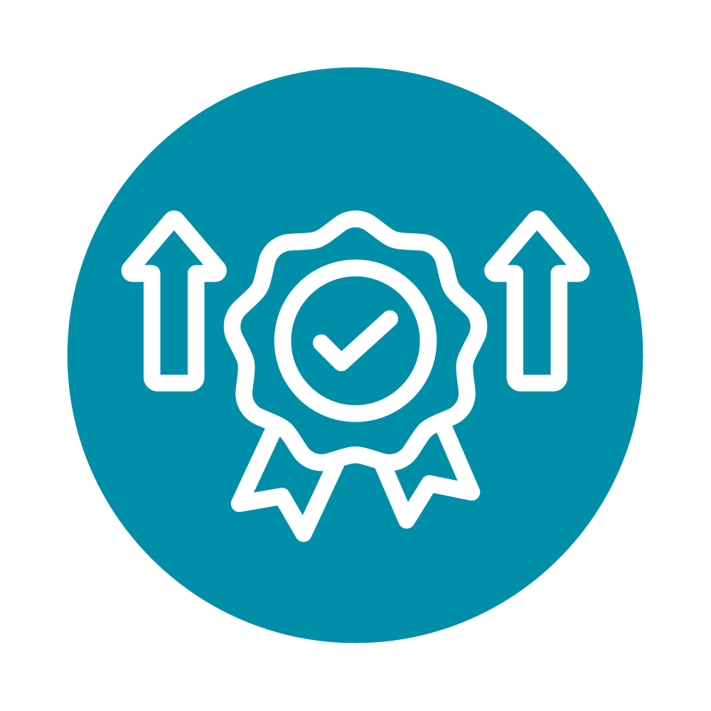 A badge with a checkmark on it surrounded by two arrows pointing upwards - CSR Program Management Icon