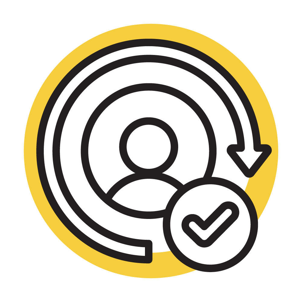 A worker surrounded by a circular arrow and a checkmark of approval - Recruitment and Retention Icon