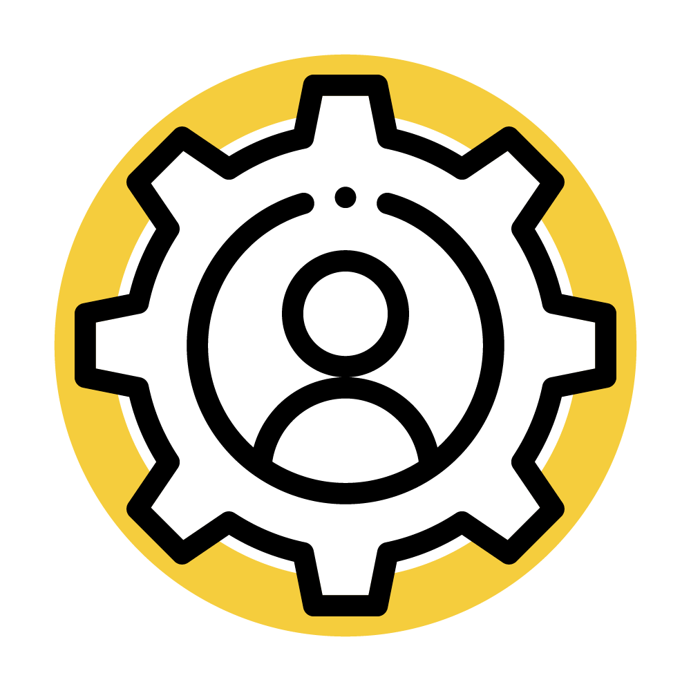A gear with a person in the center - Program Administration Icon