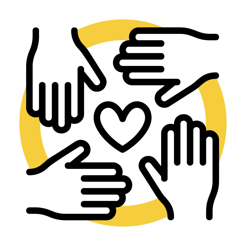 Four hands reaching out to a heart in the center - Nonprofit Vetting and Alignment Icon