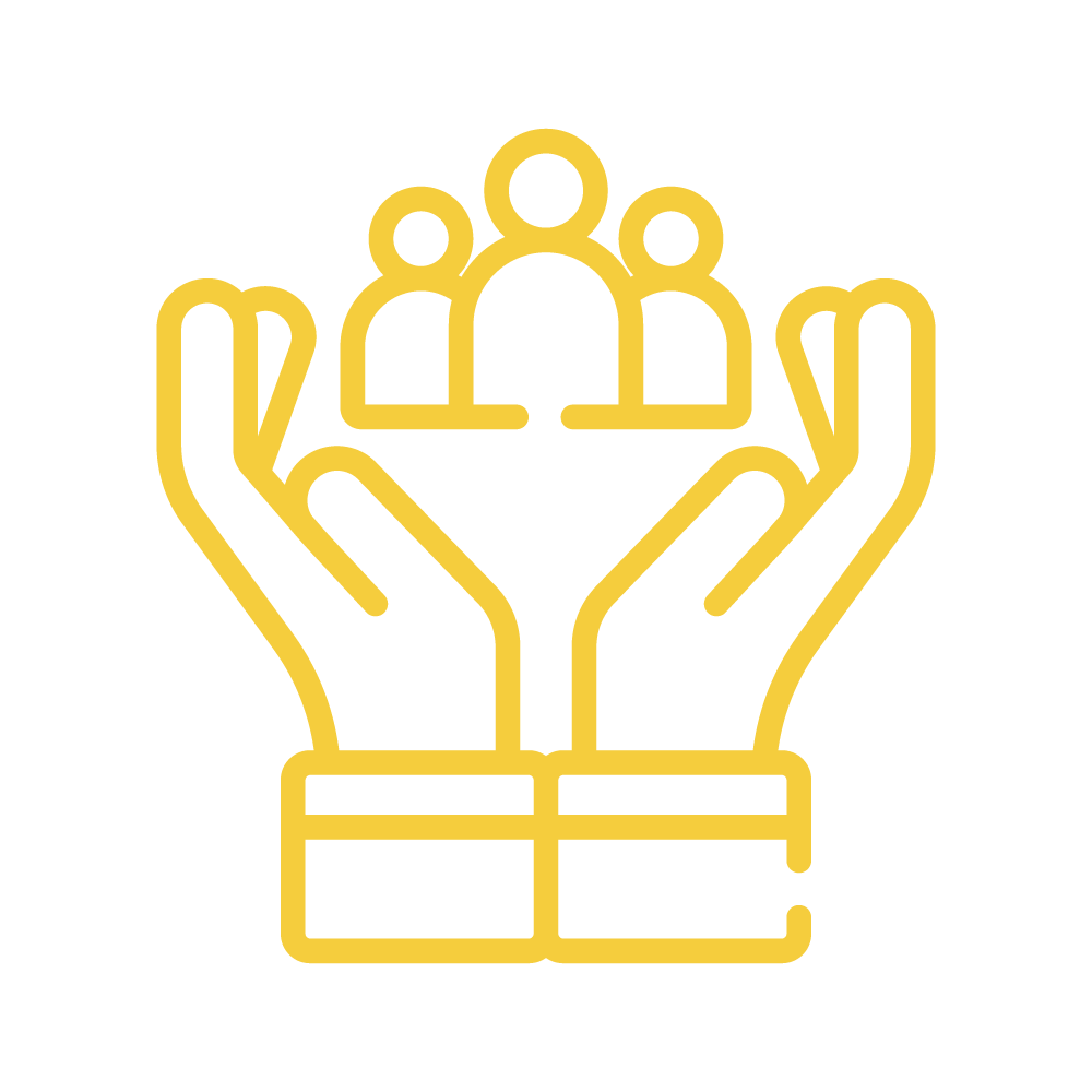 A pair of hands holding three people in support - Beneficiaries Served Icon