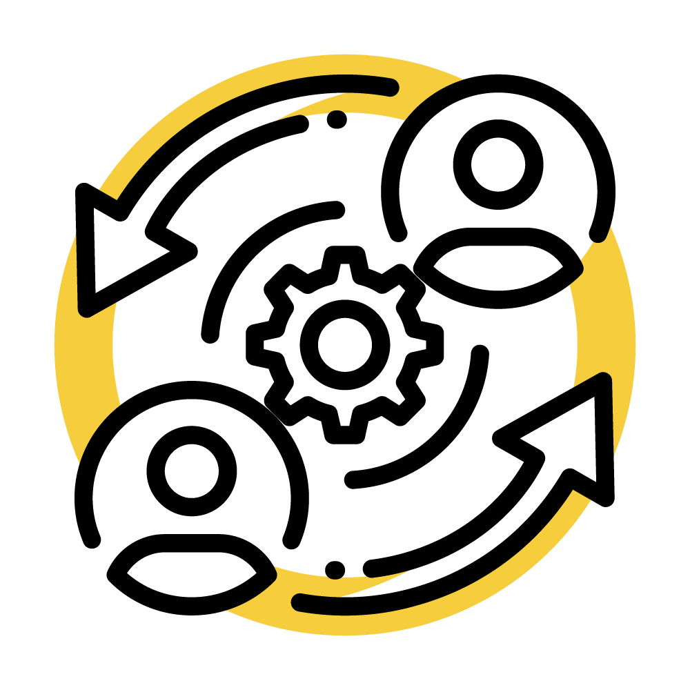 Two people in a circle cycle surrounding a gear - Volunteer Management Icon