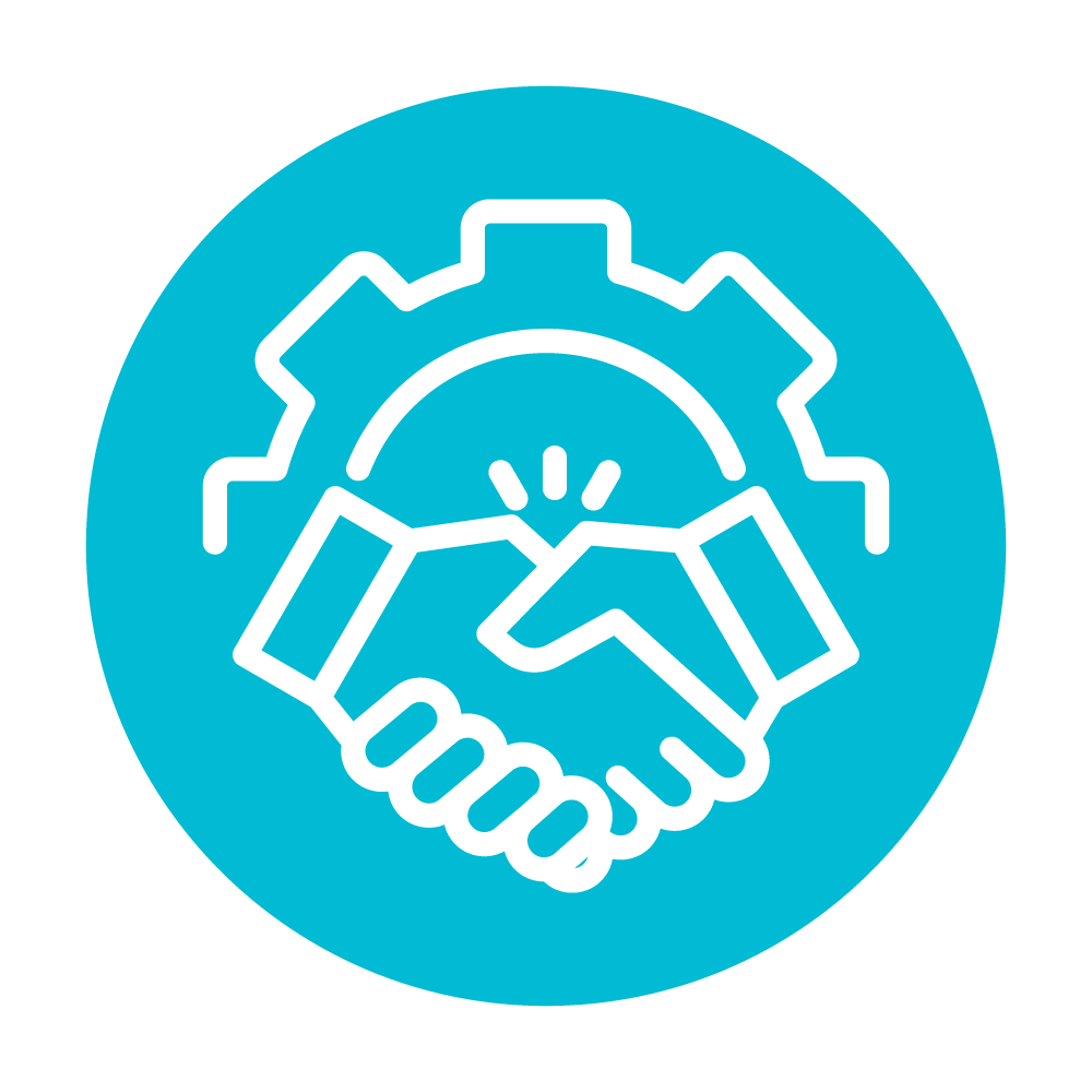 Hands shaking in front of a gear - Partner Management Icon