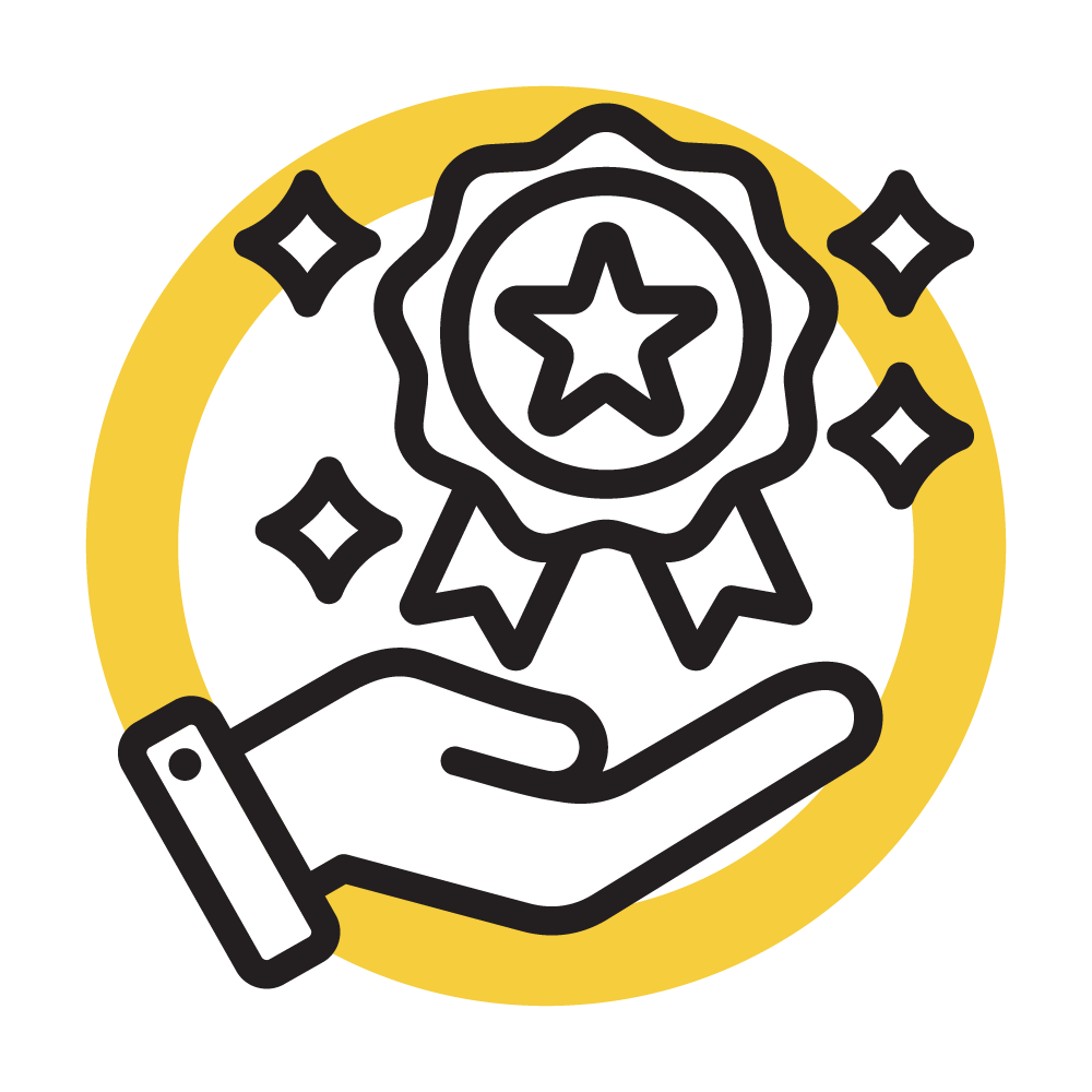 A hand outstretched with a shimmering ribbon award floating above it - Recruitment and Reputation Icon