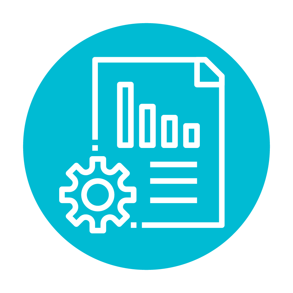 Report with a graph on it next to a gear - Reporting Support Icon