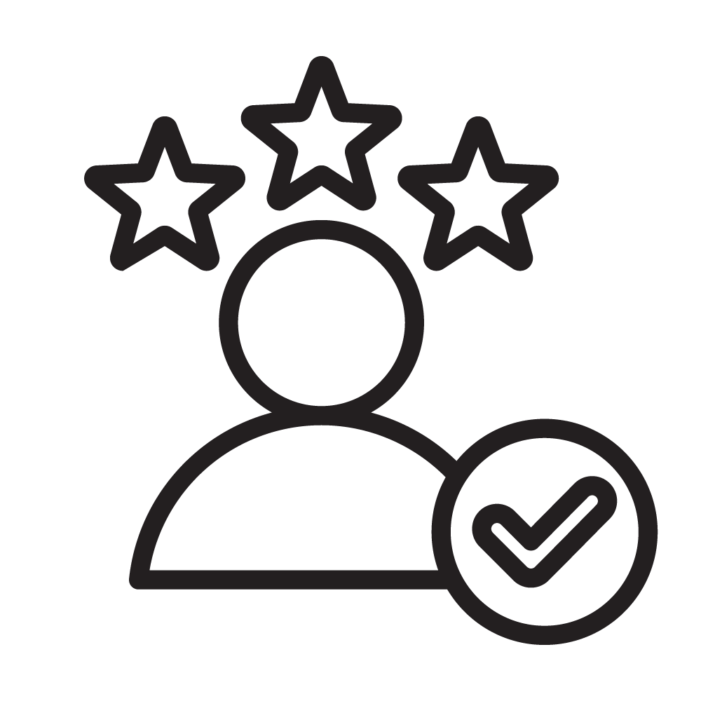 An employee with a checkmark badge and three stars above their head - Engaged Employee Icon