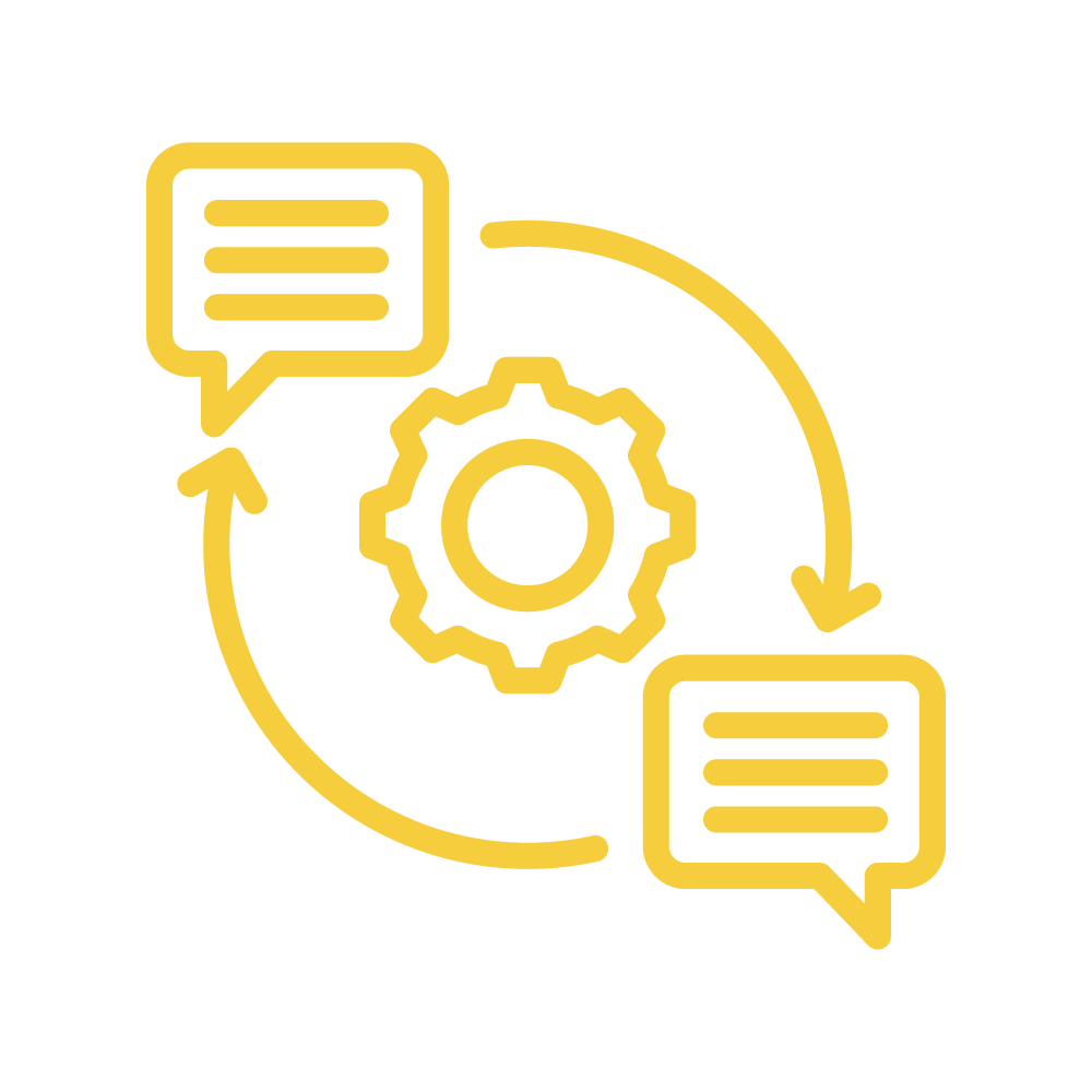 Text bubbles rotating around a gear - Nonprofit Communication Icon