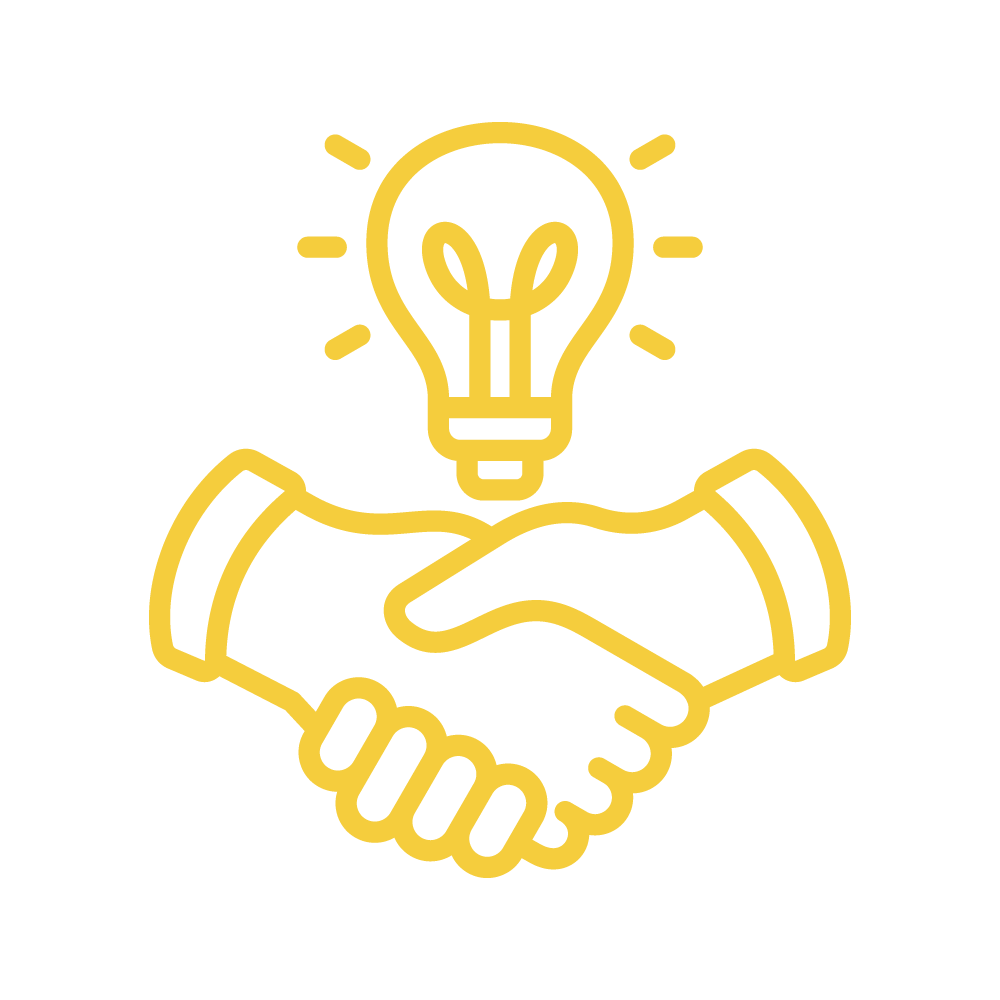 Two shaking hands with a lit lightbulb above them - Collaboration Icon