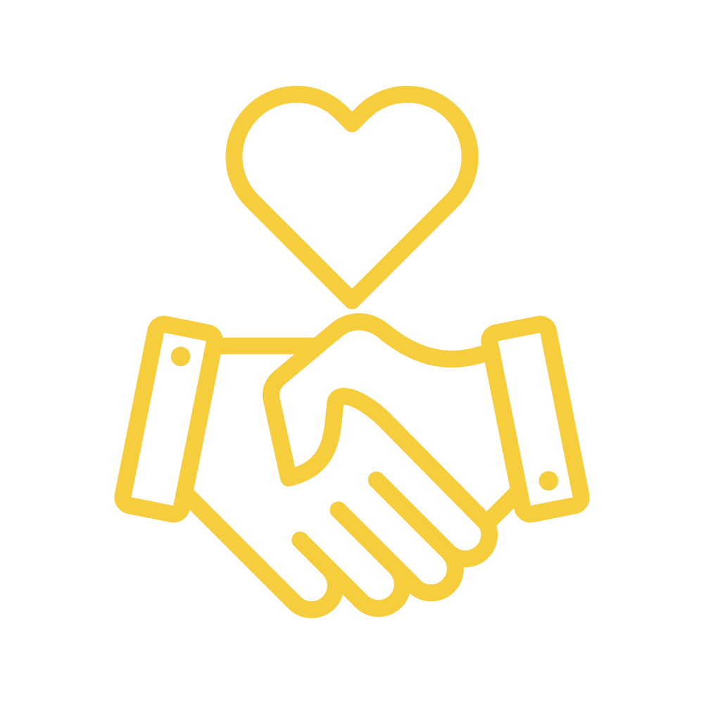 Two hands shaking in agreement with a heart above them - Meaningful Impact Icon