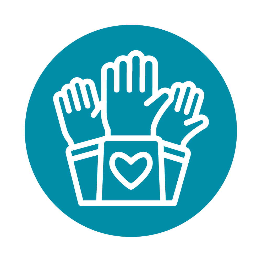 Three raised hands with the middle one showing a heart on its sleeve - Corporate Volunteering Icon