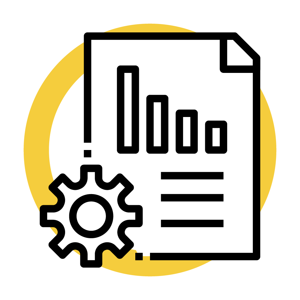 A report with a graph on it next to a gear - Reporting Support Icon