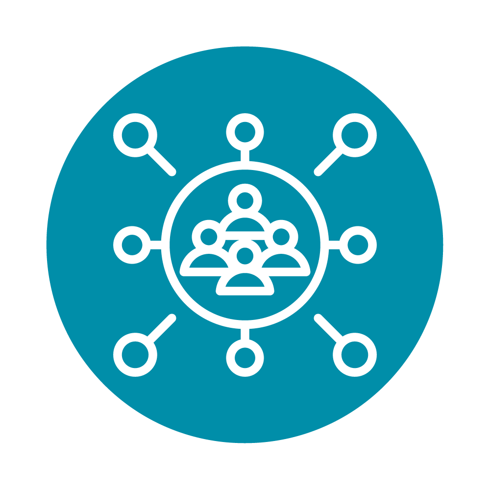 A group o people inside of a circle with rays emitting from the center outward - Community Impact Icon