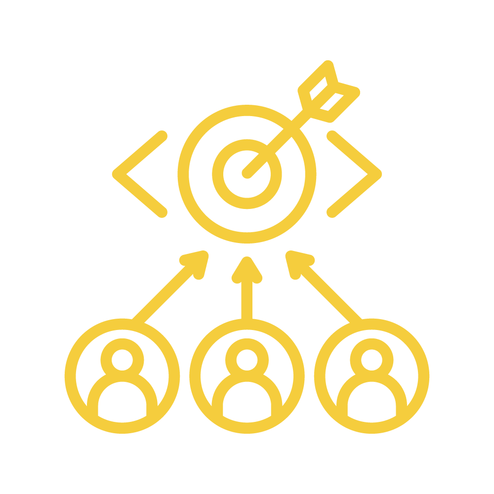 Three employees aligned below an arrow with a bulls-eyed target above them - Employee/Organization Alignment Icon