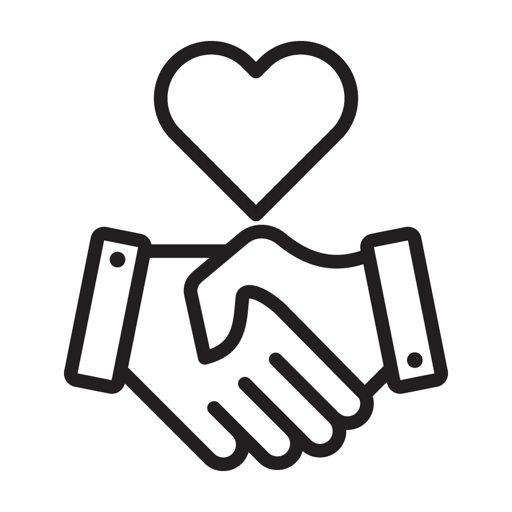 Two hands shaking in agreement with a heart above them - Strong Community Icon