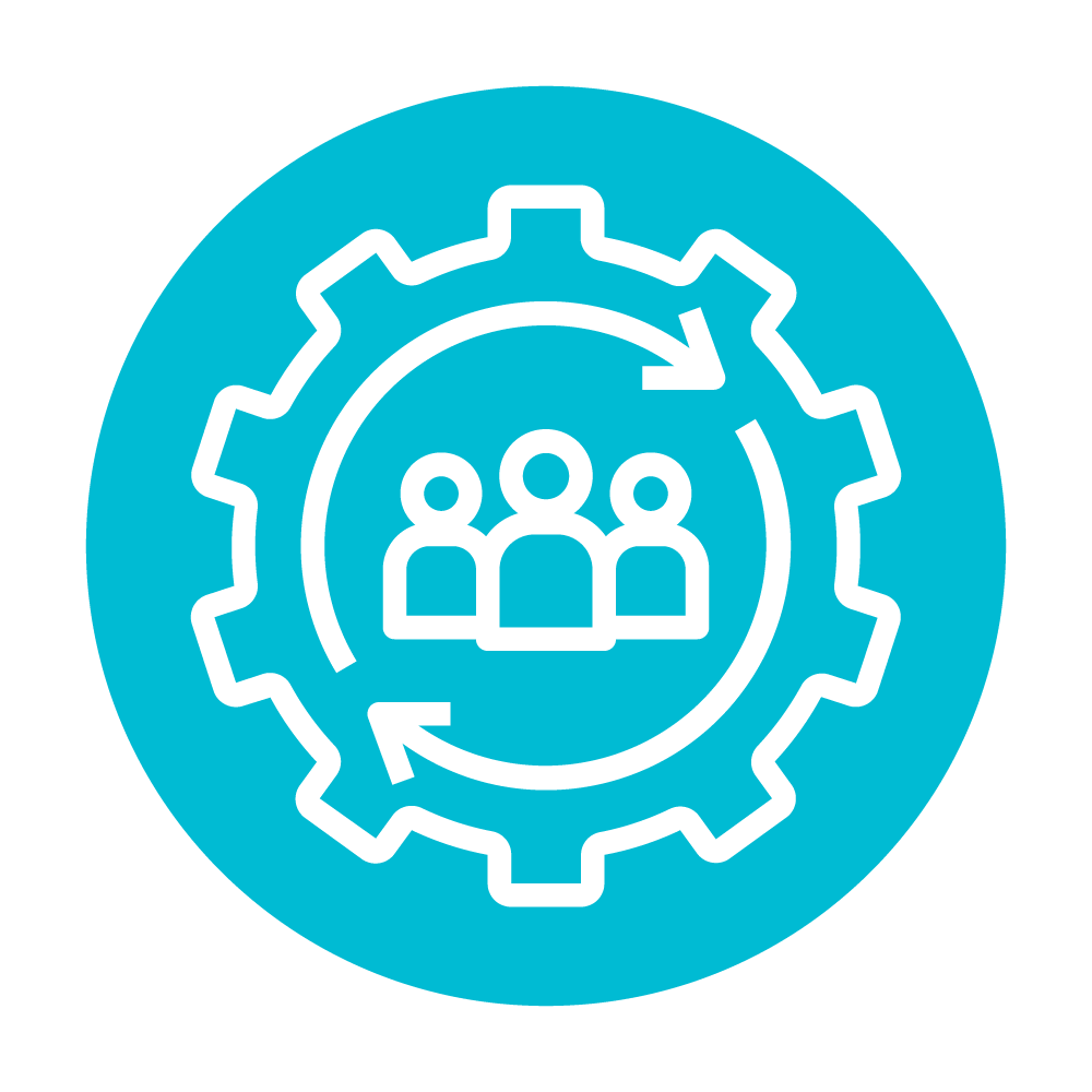 A gear with cycle arrows surrounding a group of people - Program Management Icon