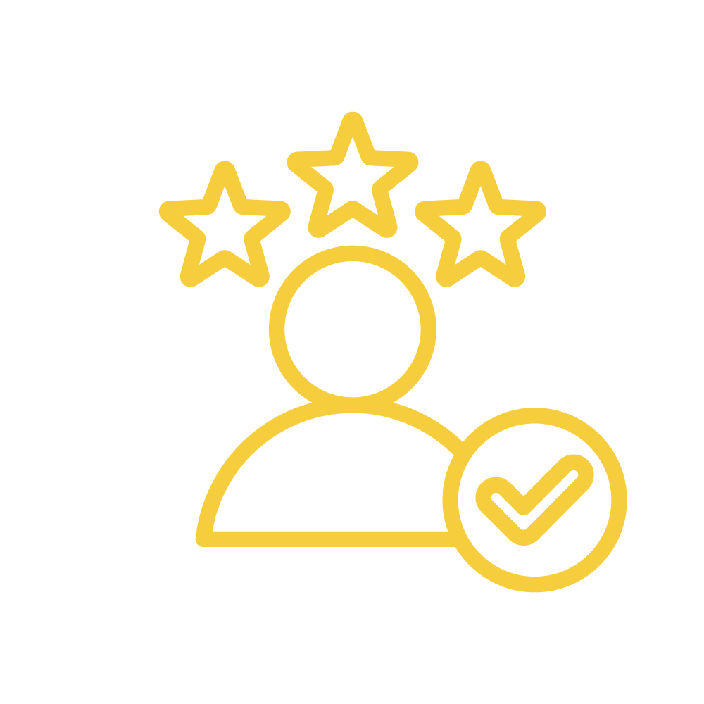 An employee with a checkmark badge and three stars above their head - Employee Satisfaction Icon