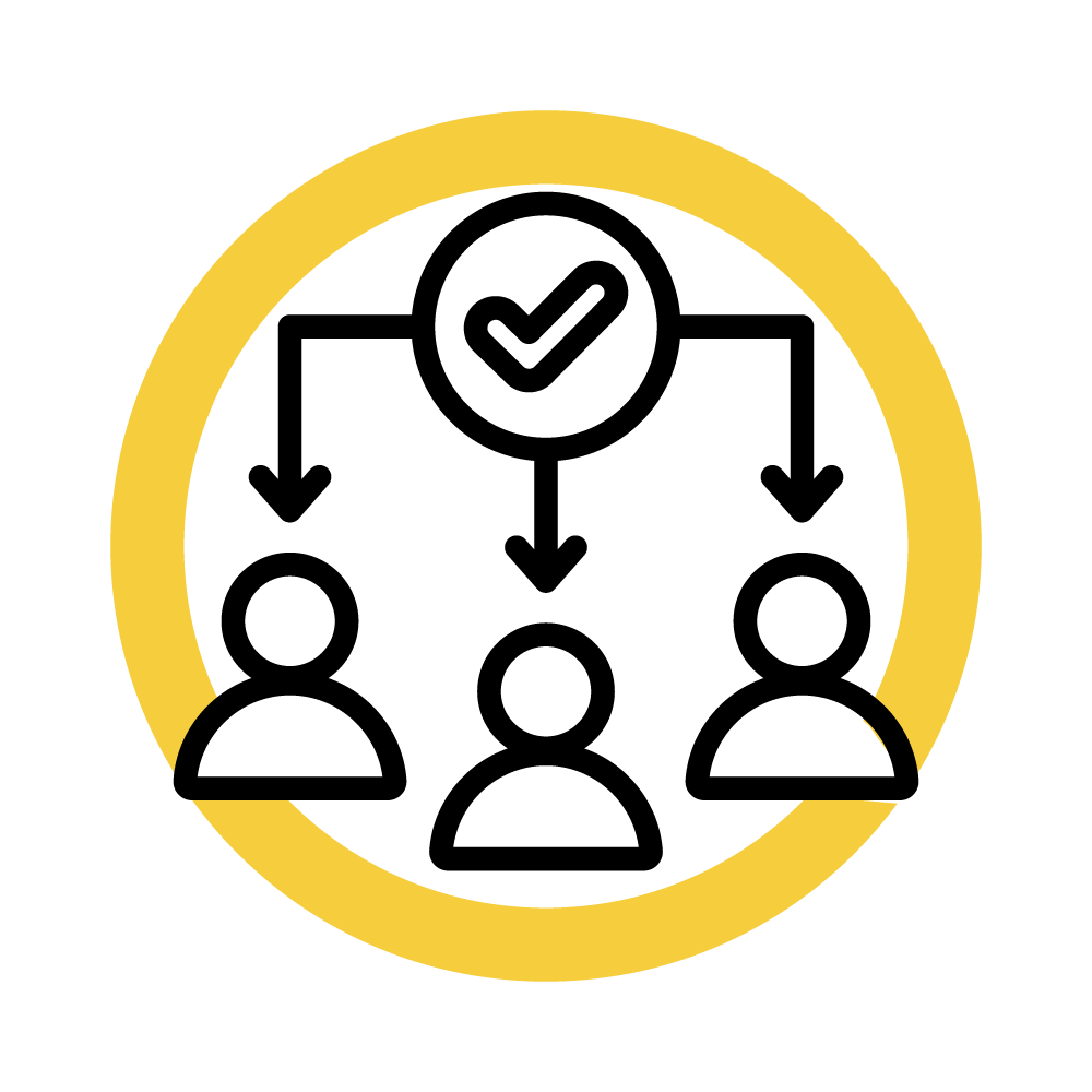 Three employees beneath a checkmark