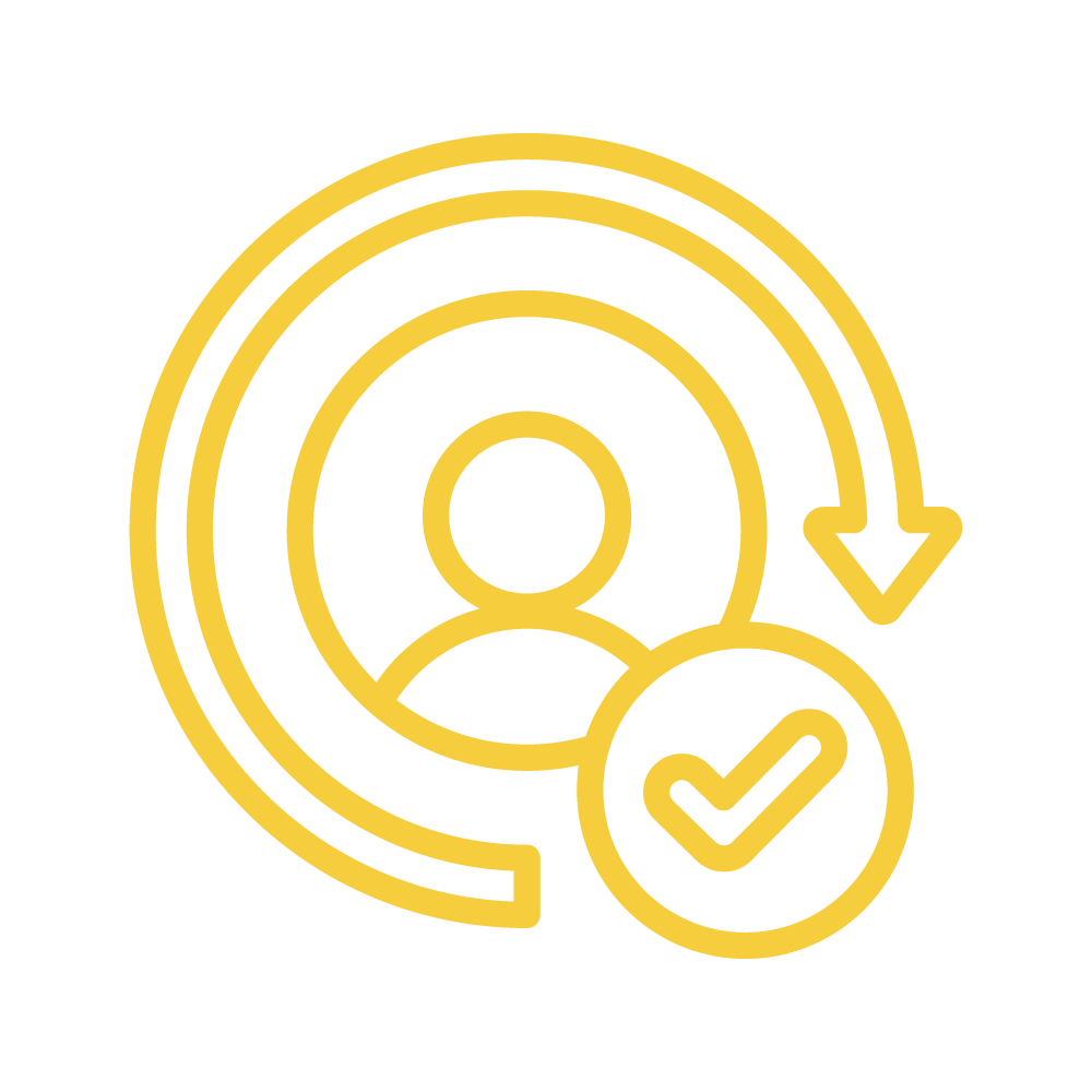 A worker surrounded by a circular arrow and a checkmark of approval - Increased Retention Icon