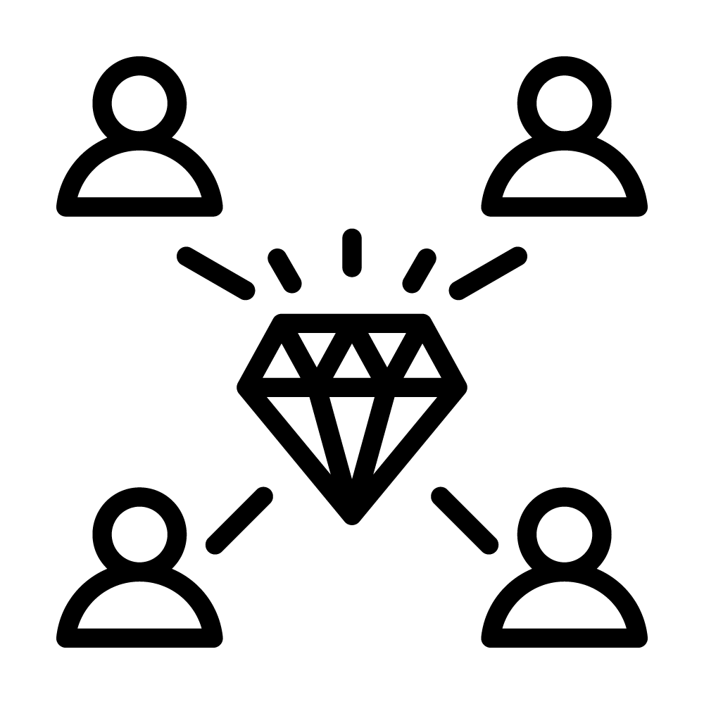 Four employees surrounding a sparkling gem - Shared Value Creation Icon