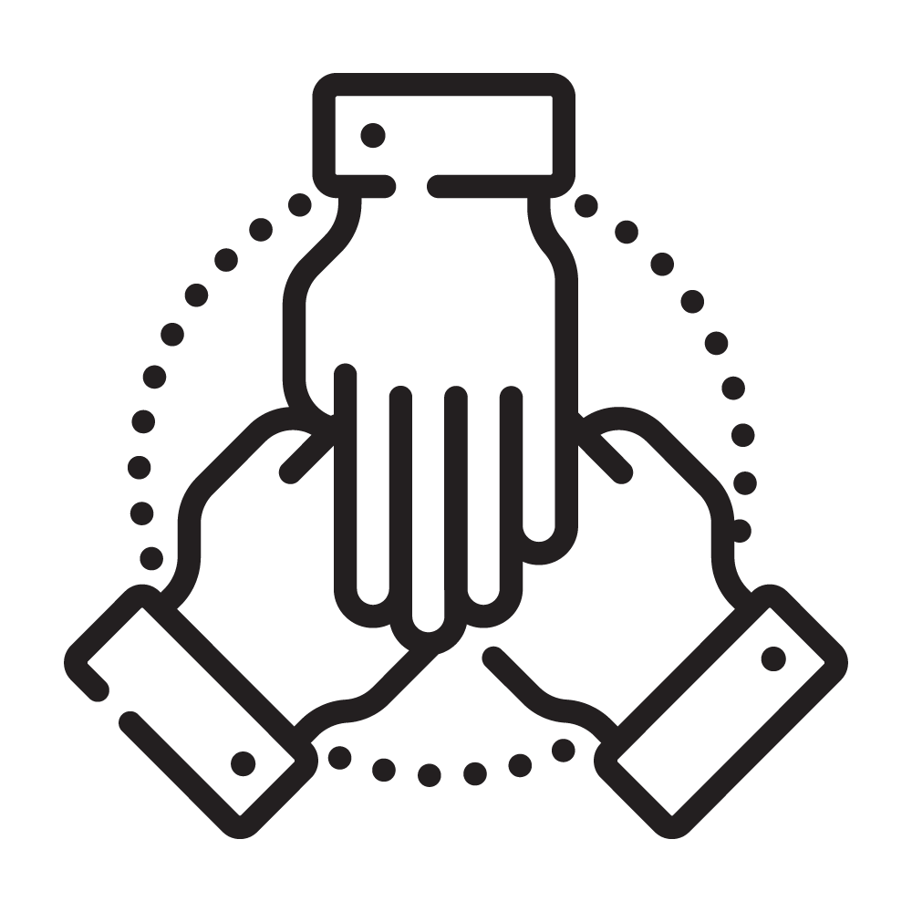 Three hands reaching in to touch in solidarity - Improved Workplace Icon