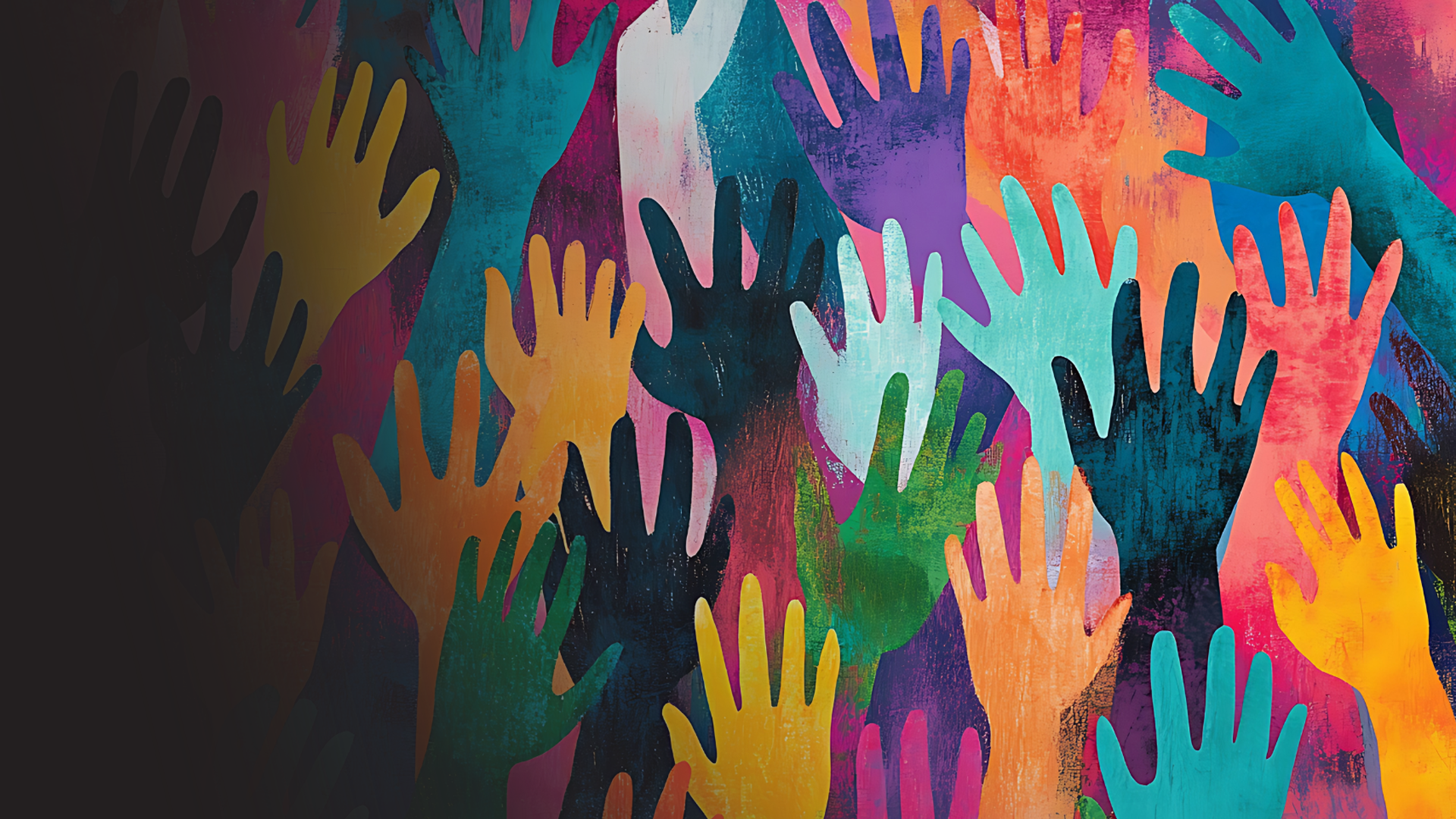Multi-color painting of dozens of hands reaching up
