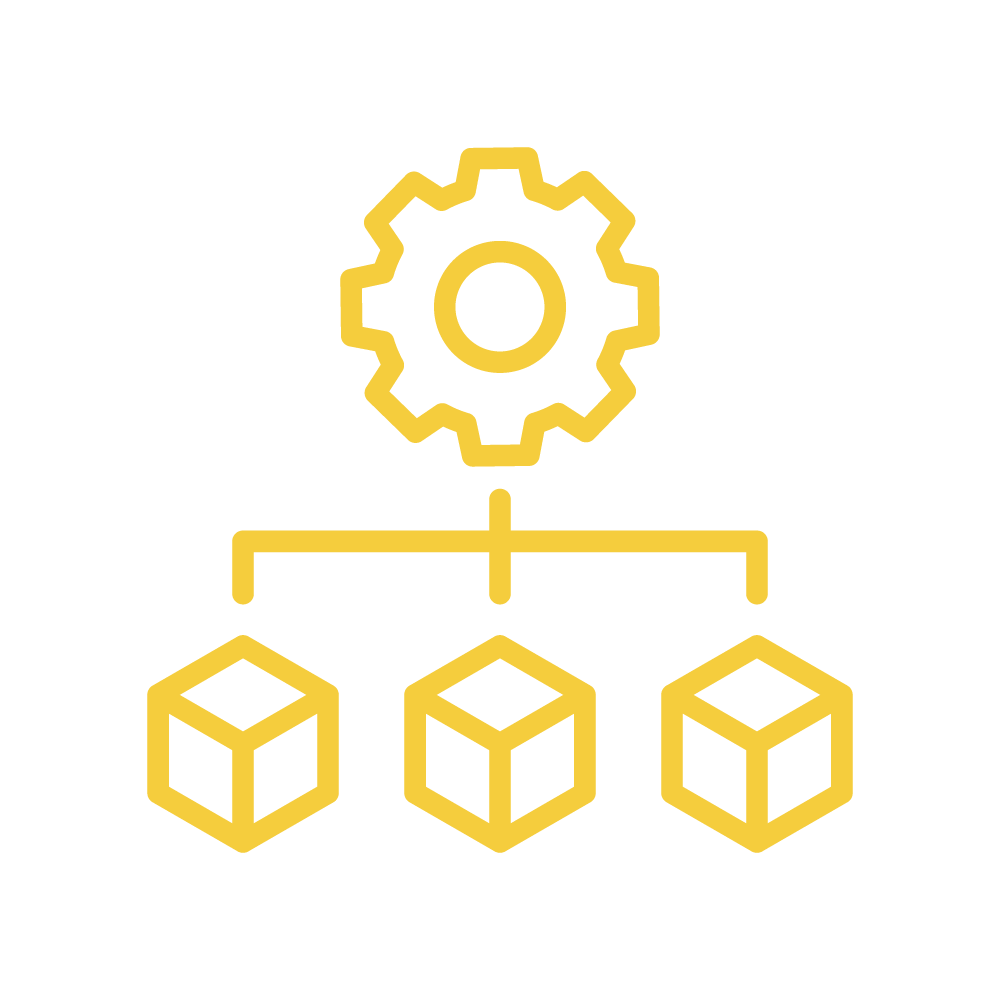 A gear splintering off into three smaller cubes - Resources Icon
