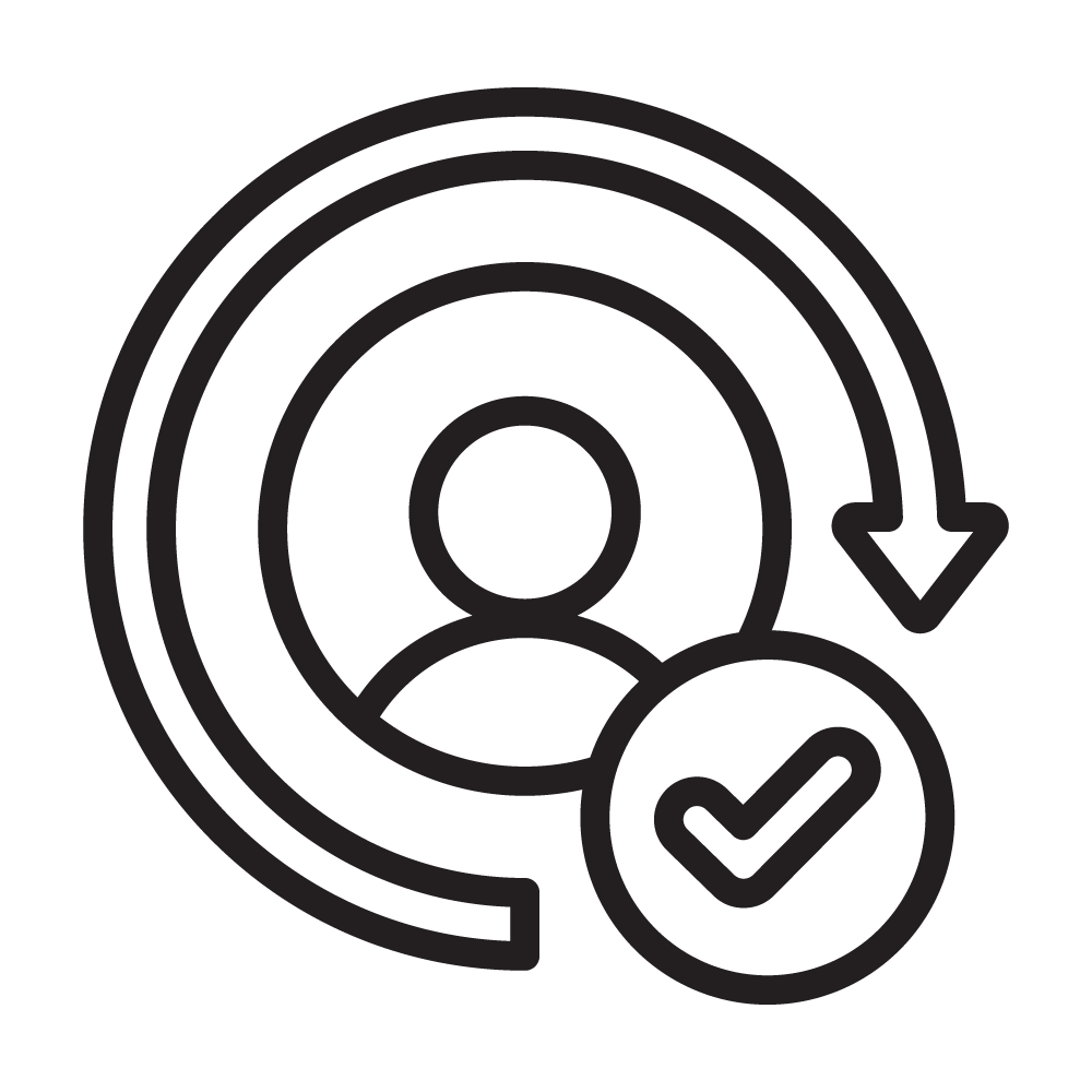 A worker surrounded by a circular arrow and a checkmark of approval - Recruitment and Retention Icon