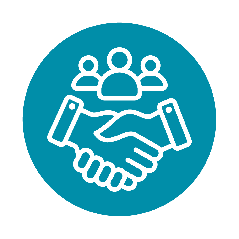 A pair of hands shaking in agreement with a row of employees hovering above - Employee Engagement Icon