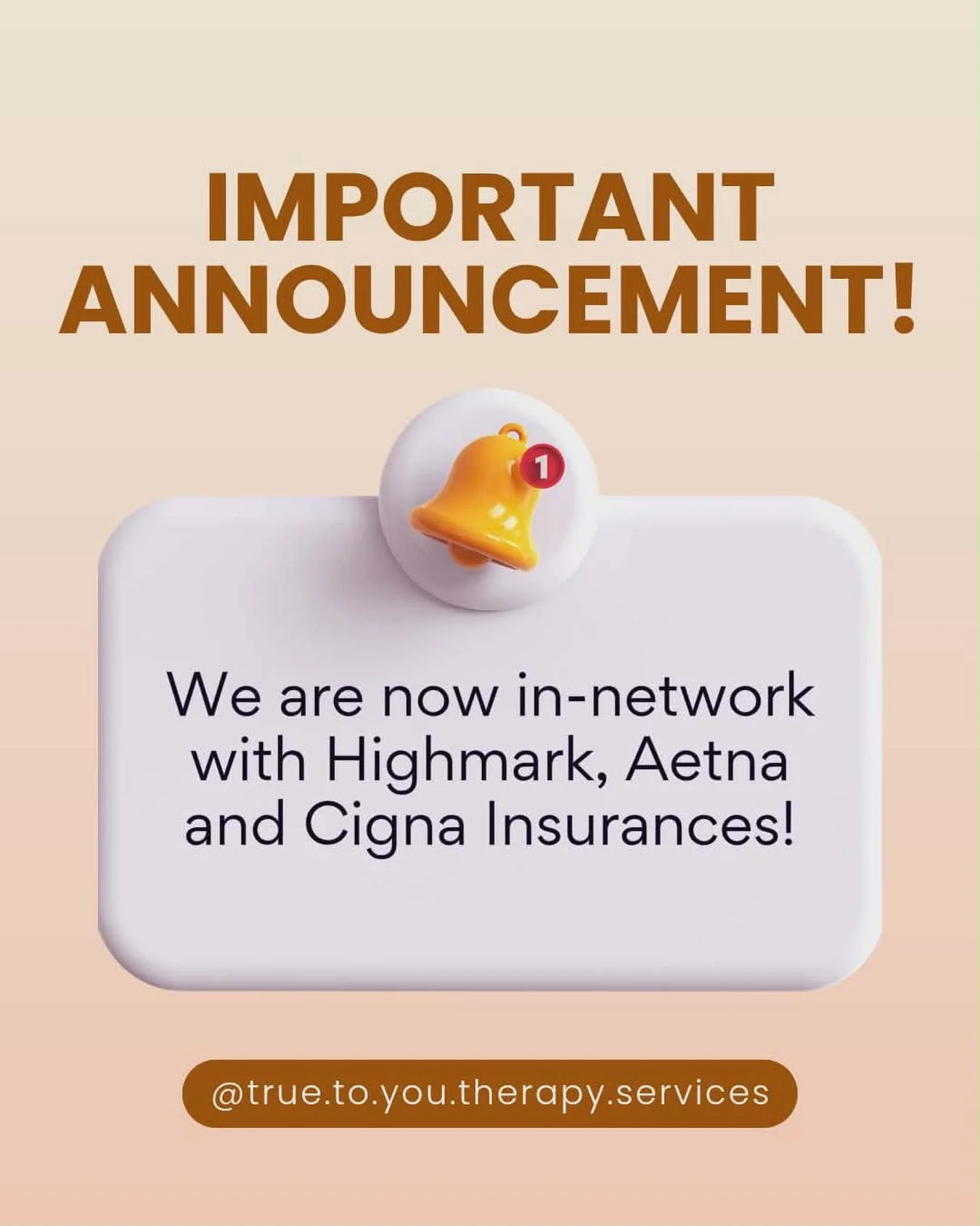 📢 BIG NEWS 

True To You Therapy is officially IN-NETWORK with Highmark, Aetna, and select Cigna plans! 🙌
This means easier access to speech, occupational and physical therapy for your child and more support for the families of our community 💙

✔️