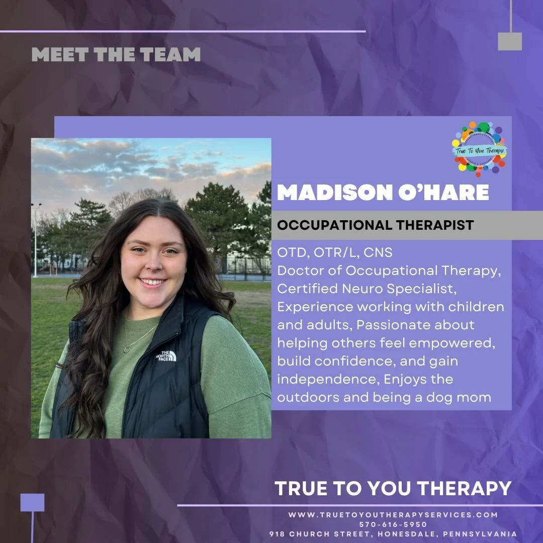 Give a warm welcome 👋 to our new OT Madison! 

Hi, I&rsquo;m Maddie! OTD, OTR/L, CNS. I am one of True To You Therapy&rsquo;s Occupational Therapists. I am a Doctor of Occupational Therapy, Certified Neuro Specialist, I have experience working with 