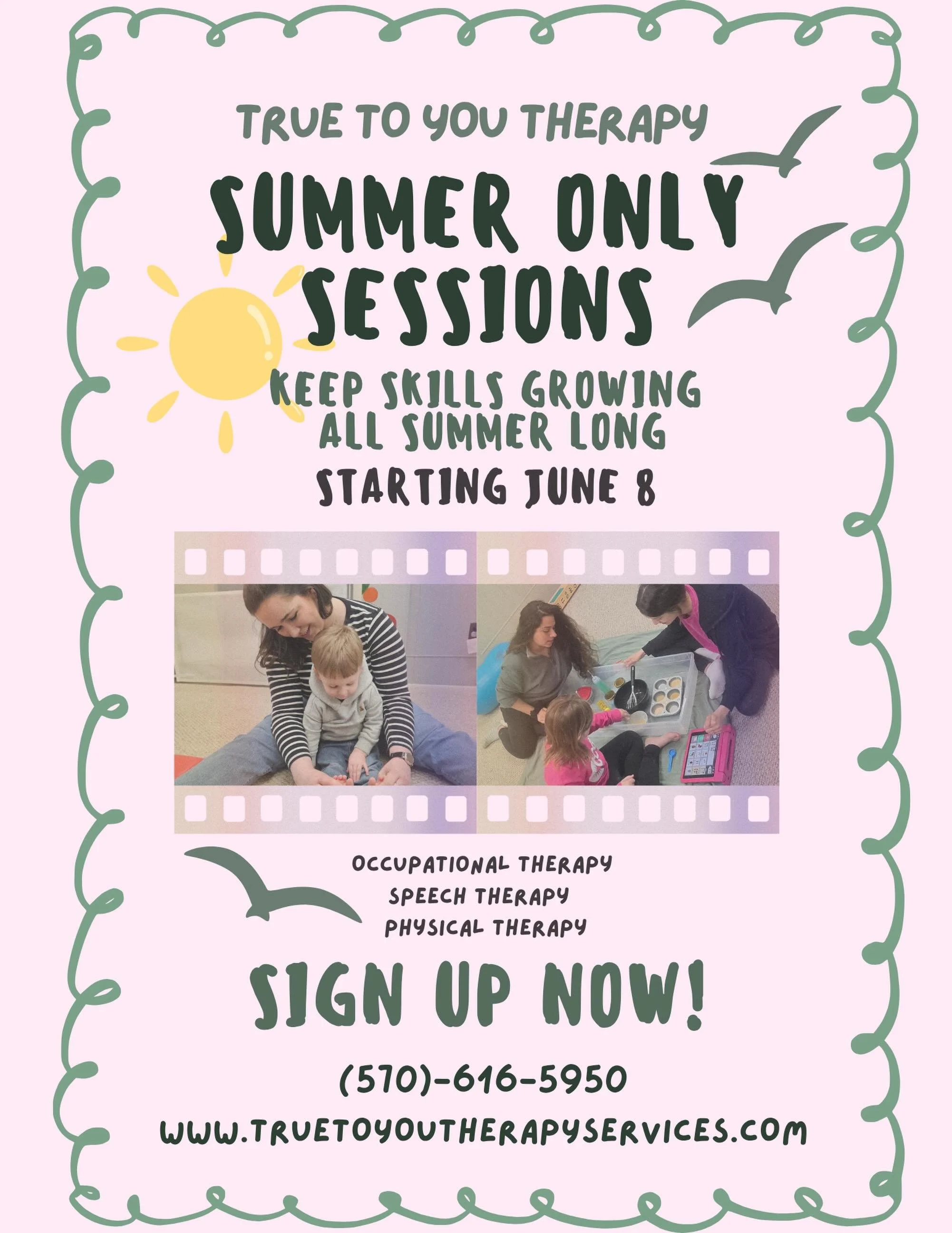 🏖 SUMMER SESSIONS ☀️

Are you looking for Speech Therapy, Occupational Therapy or Physical Therapy services for the summer? True To You Therapy is here to help! 

We have limited but ✨️ IMMEDIATE OPENINGS ✨️ for summer only sessions! 

Benefits of s