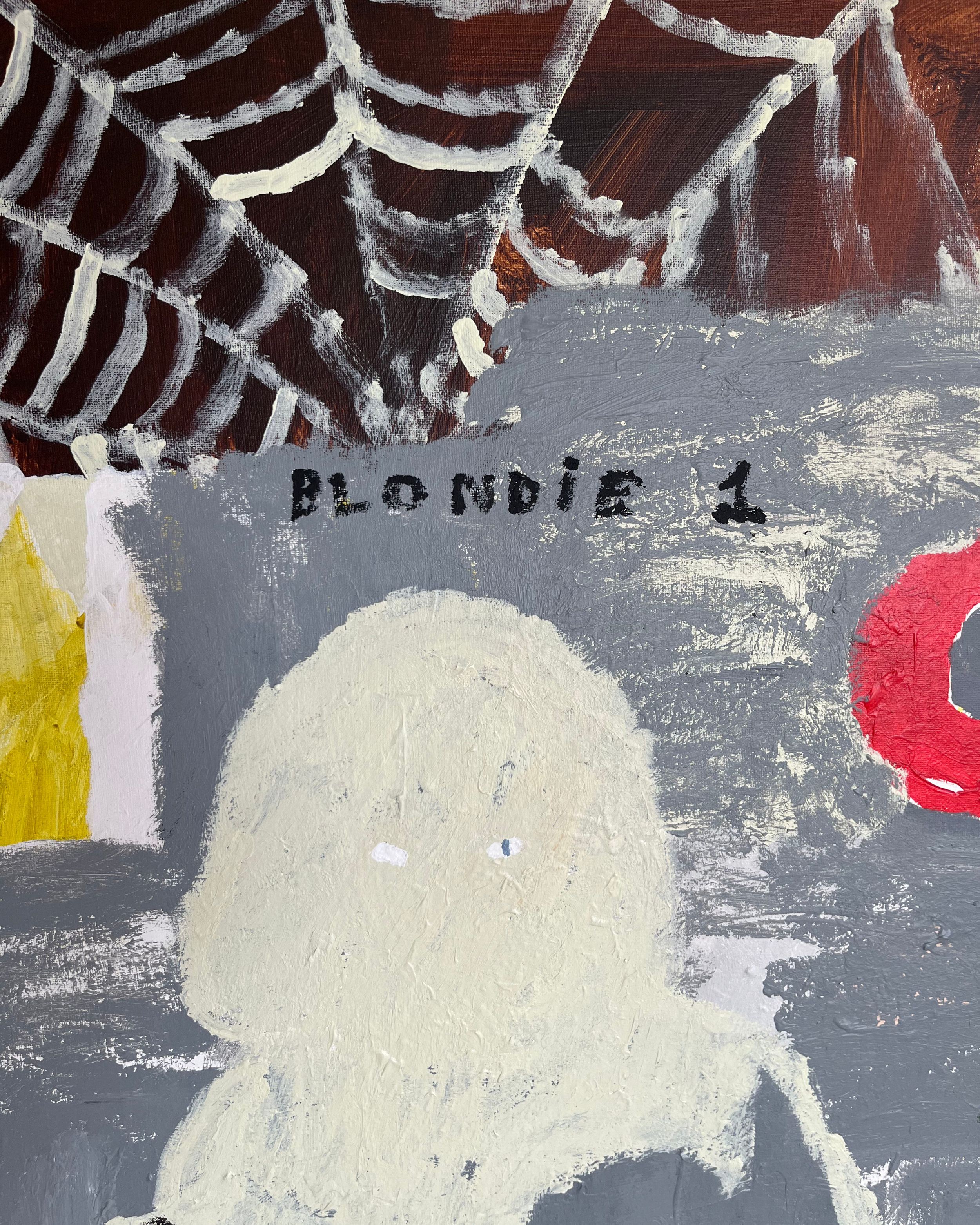Close-up of a painting featuring white web-like lines on a dark and colored background, with the words "BLONDIE 1" painted in black.