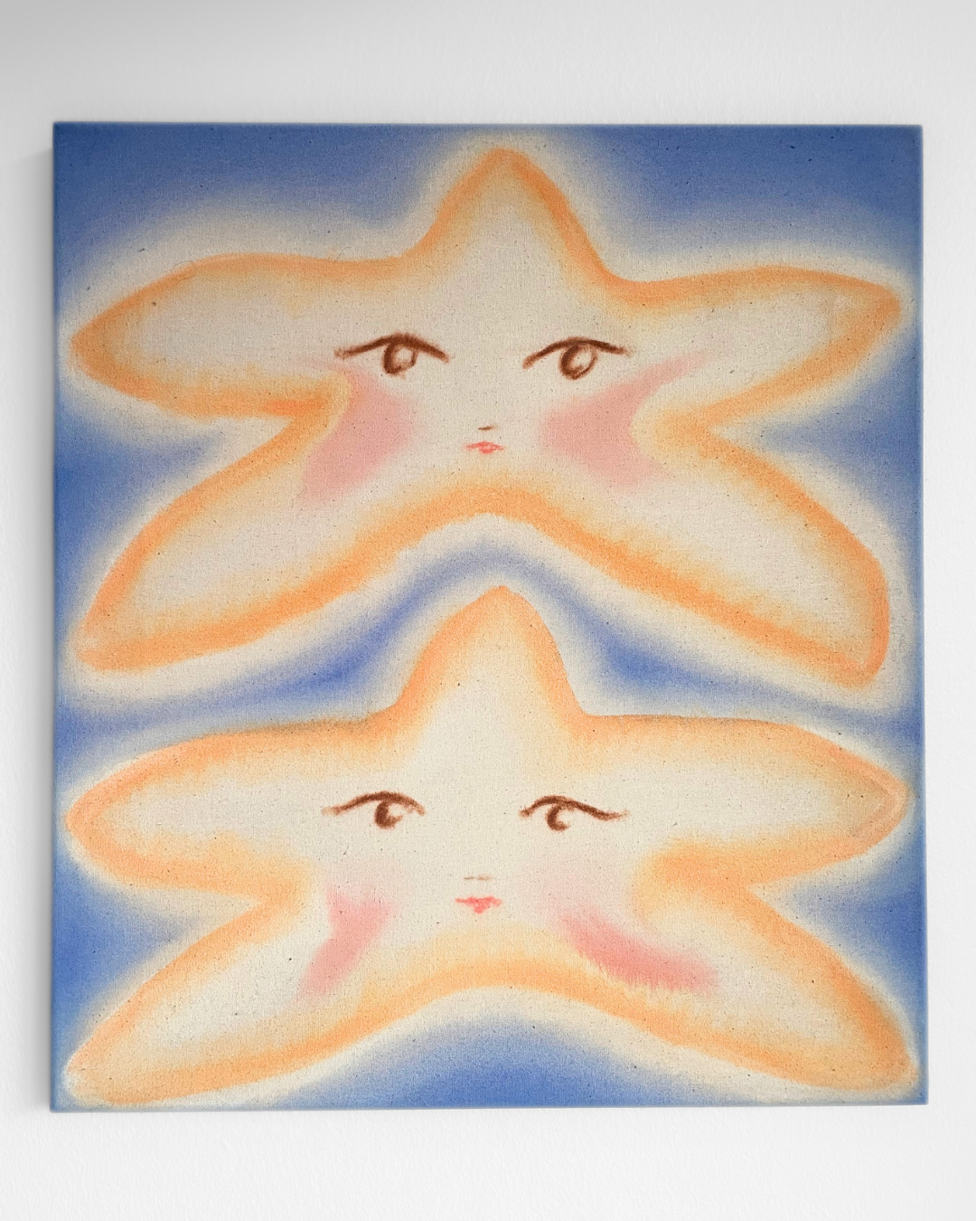 Painting of stars with human facial features, set against a blue background.