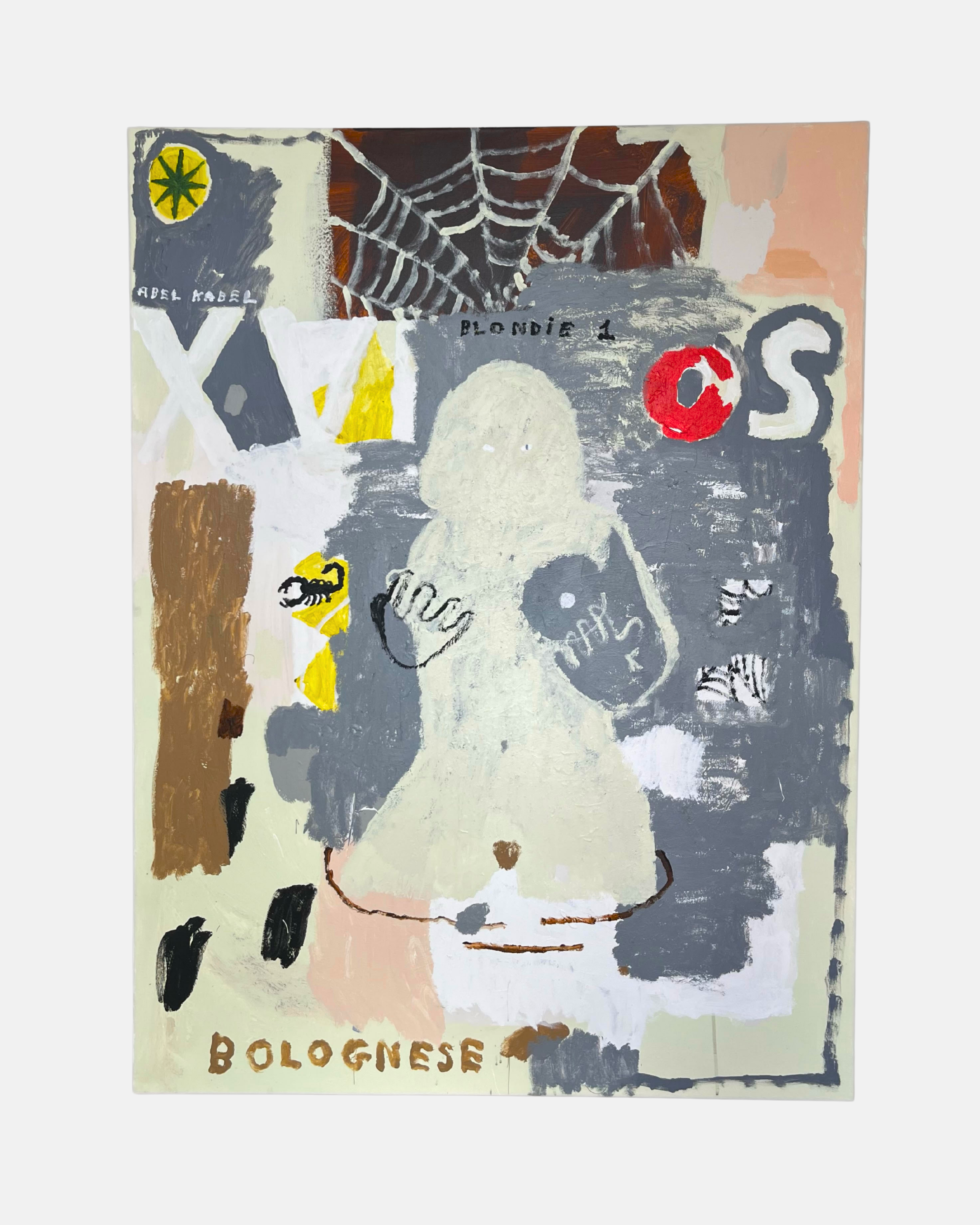 Abstract painting featuring a spider web, a human silhouette, and various text elements like 'ABEL KABEL,' 'BLONDIE 1,' and 'BOLOGNESE.'