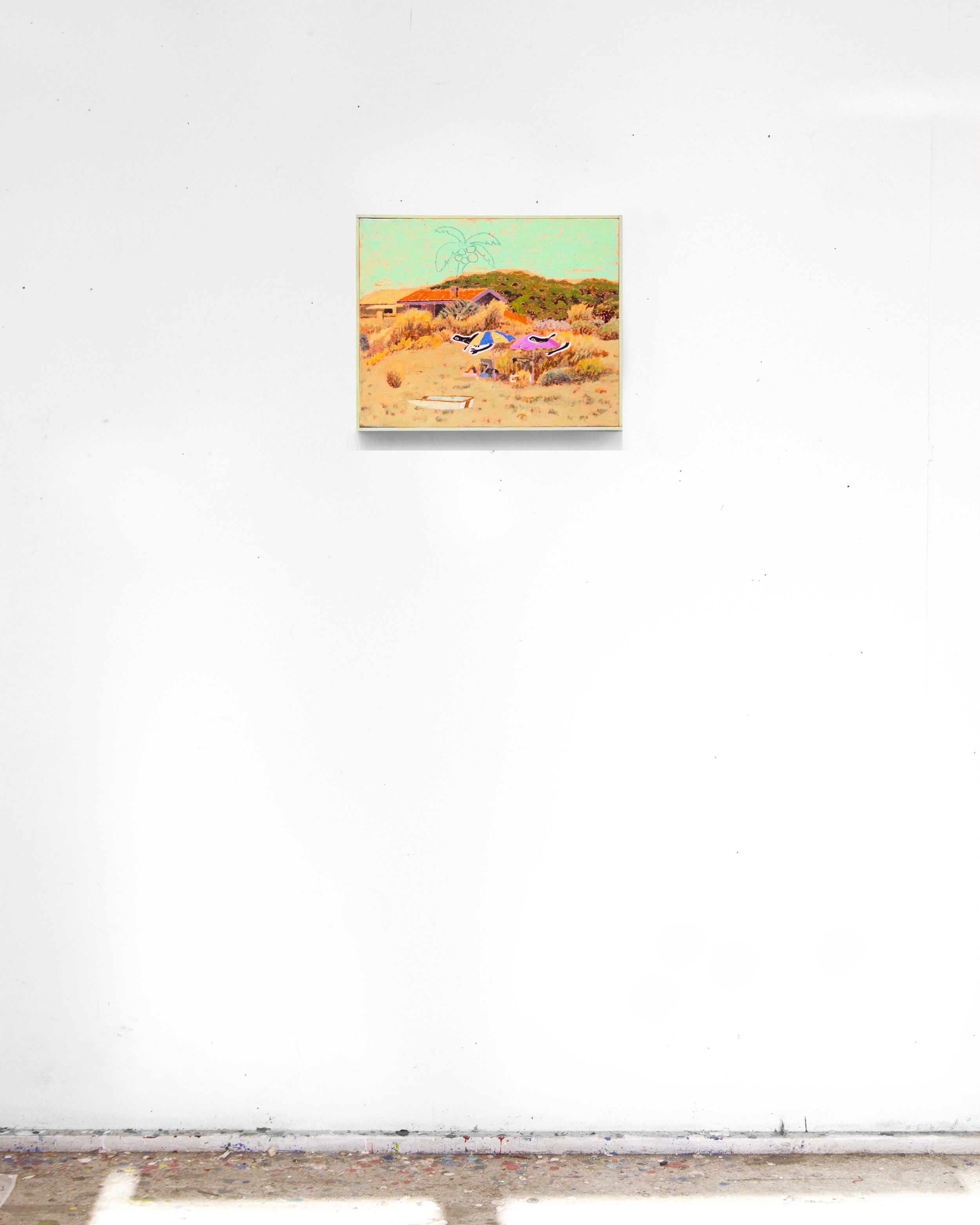 Small artwork on a white gallery wall, depicting a landscape scene with a small house, vegetation, and two abstract figures in the foreground.