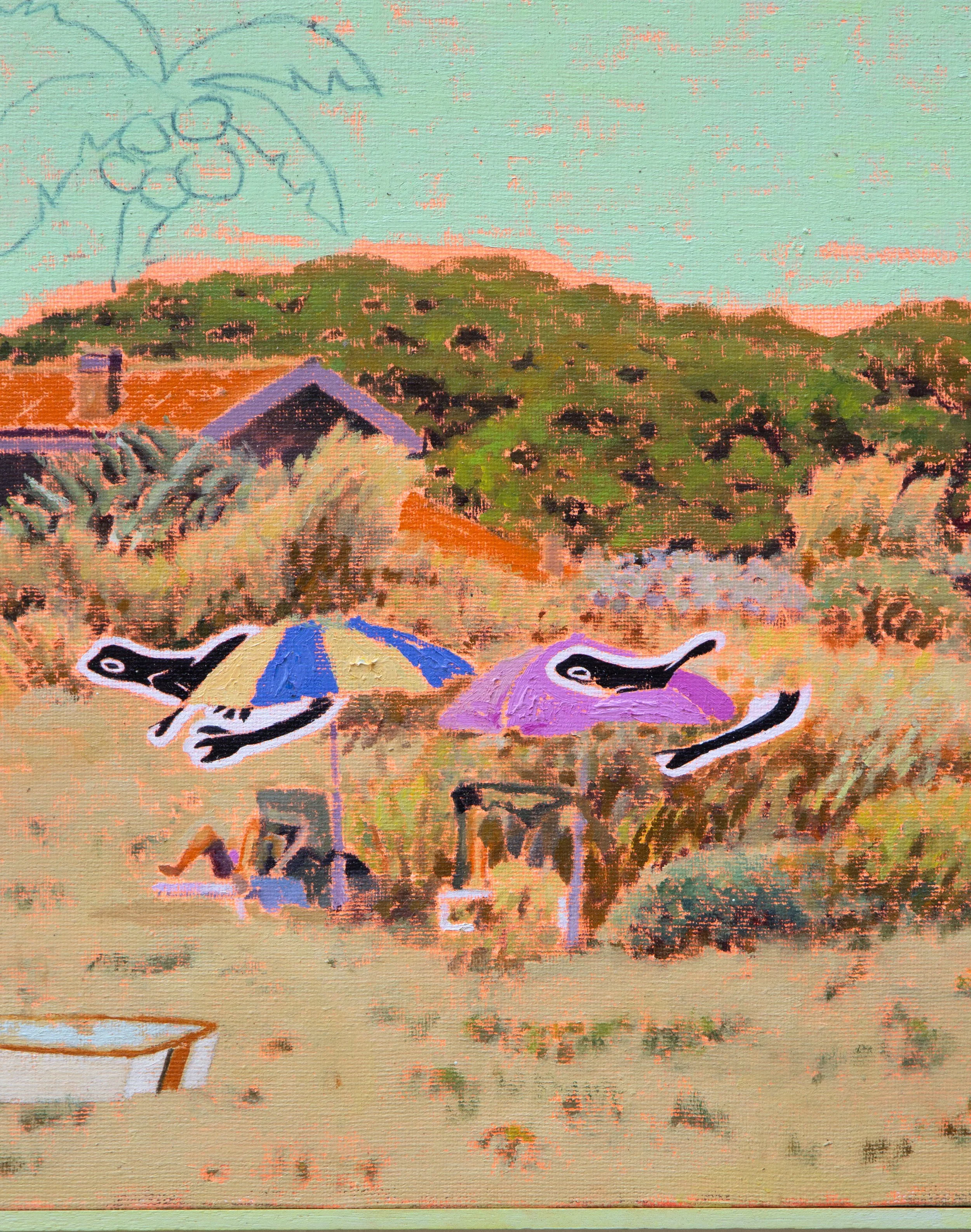 Painting of a scenic landscape inspired by Tuscany with mountains, trees, a house, and two frogs, featuring pastel colors and a textured style.