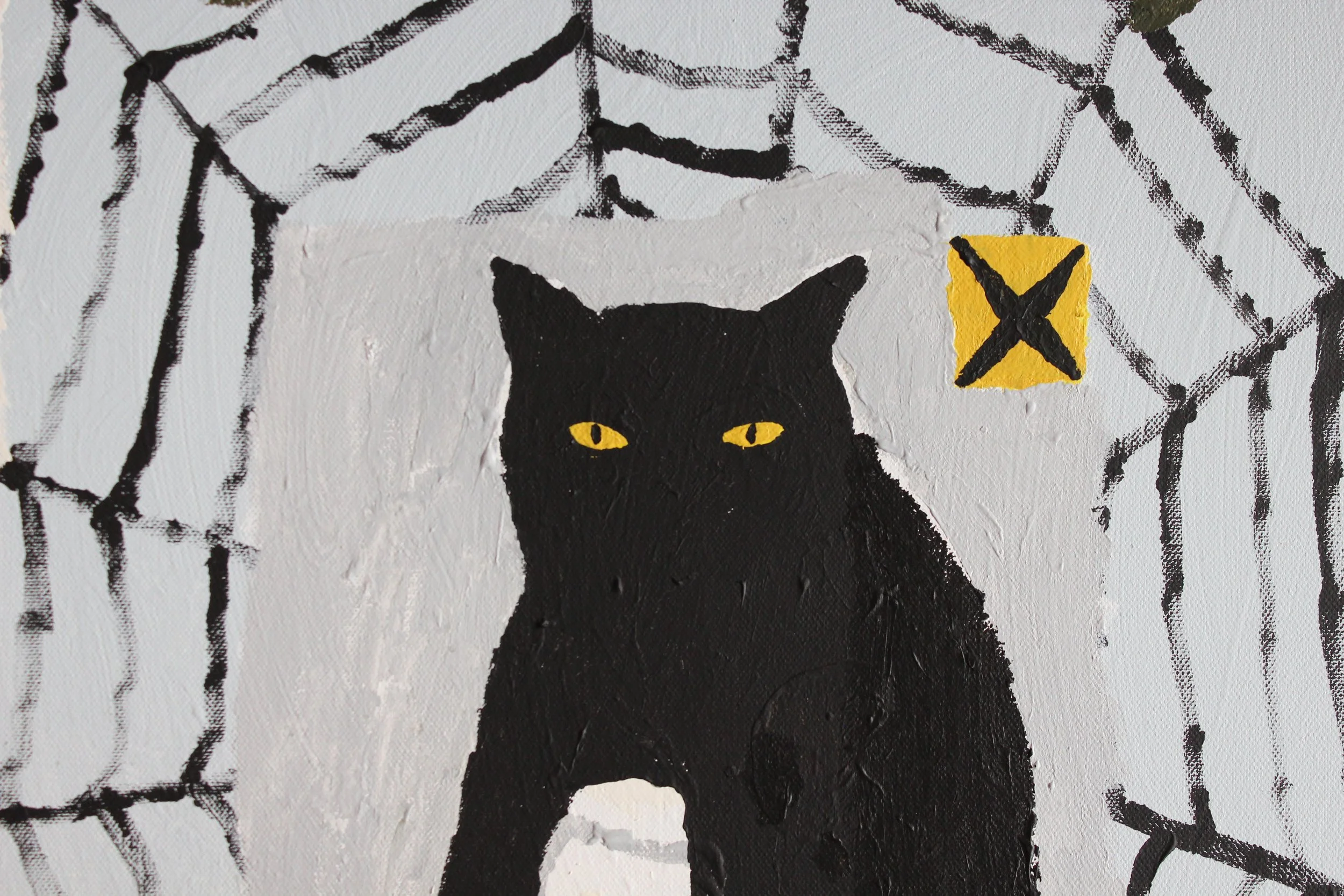 An illustration of a black cat with yellow eyes, surrounded by spider webs with a yellow box that has a black 'X' symbol.