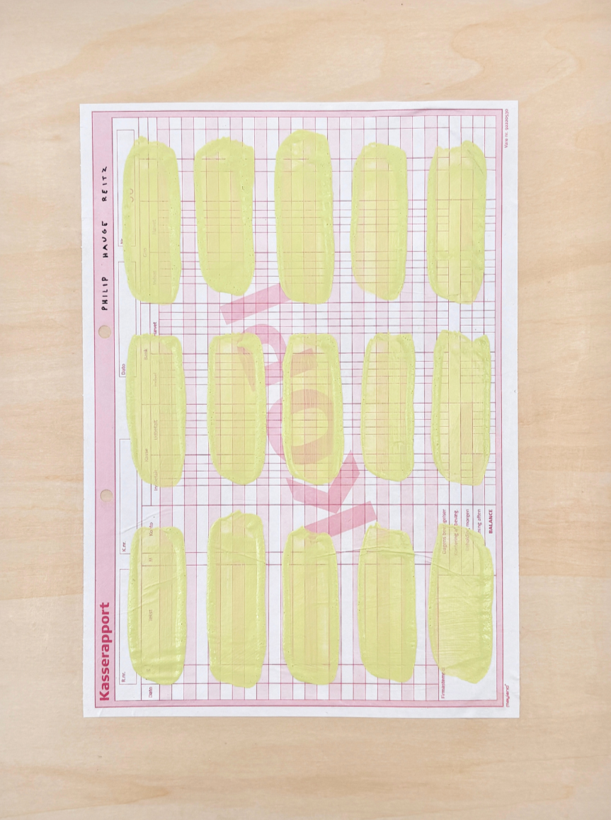 Artwork consisting of a vintage receipt paper with yellow acrylics painted on it, mounted on wood.