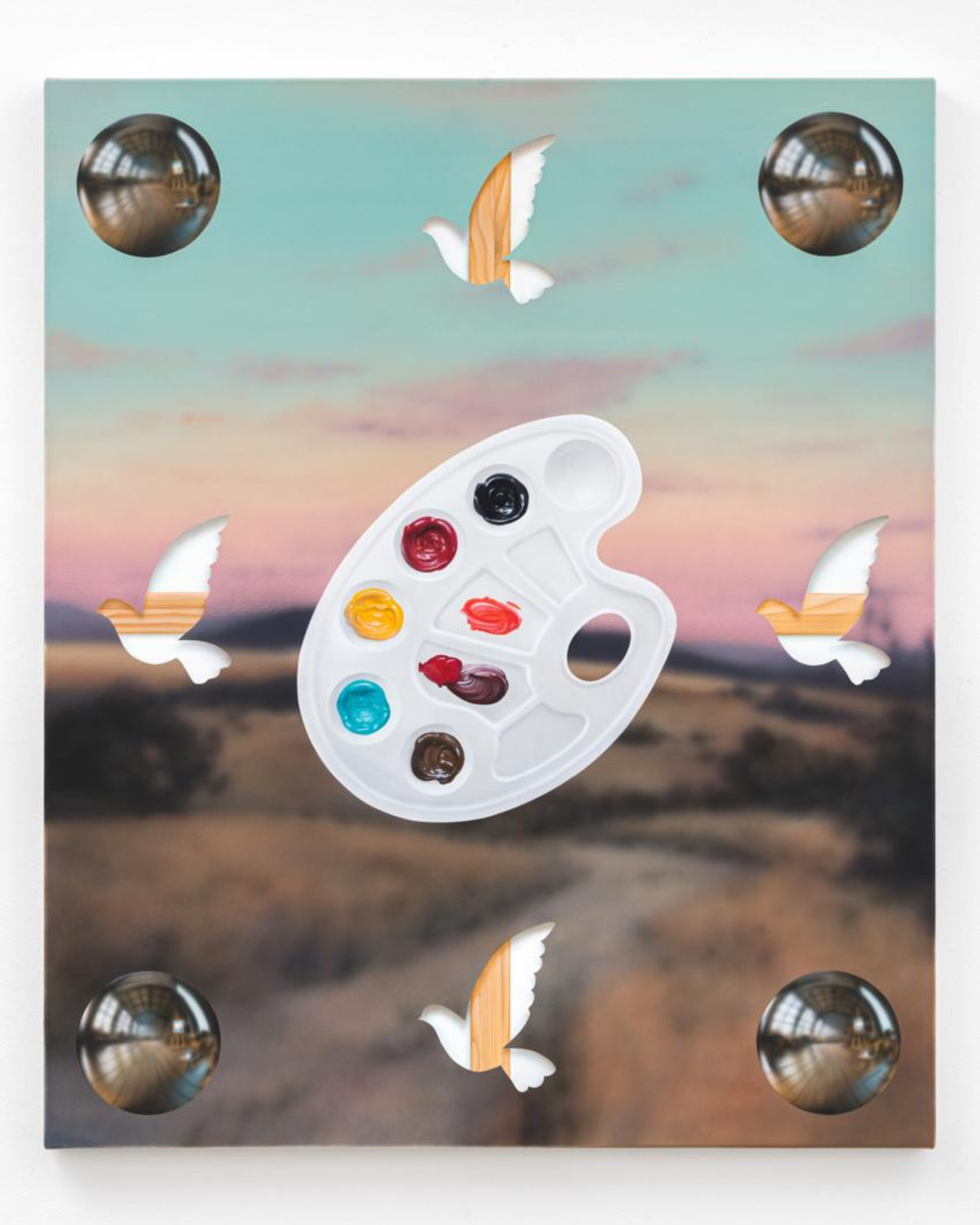 A surreal painting of a blurred sunset or sunrise sky with pink and blue hues, with birds and different symbols interrupting the view.