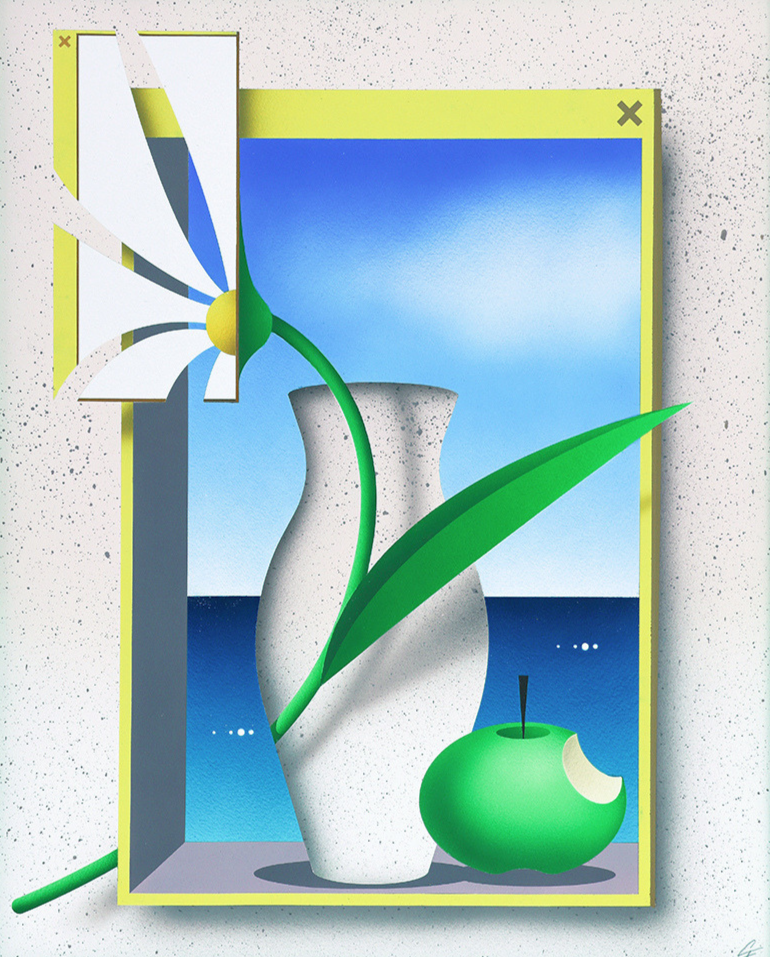 Painting of a still life with a white vase, a green leaf, a green apple with a bite taken out, and a white flower with blue and yellow accents against a blue sky background.