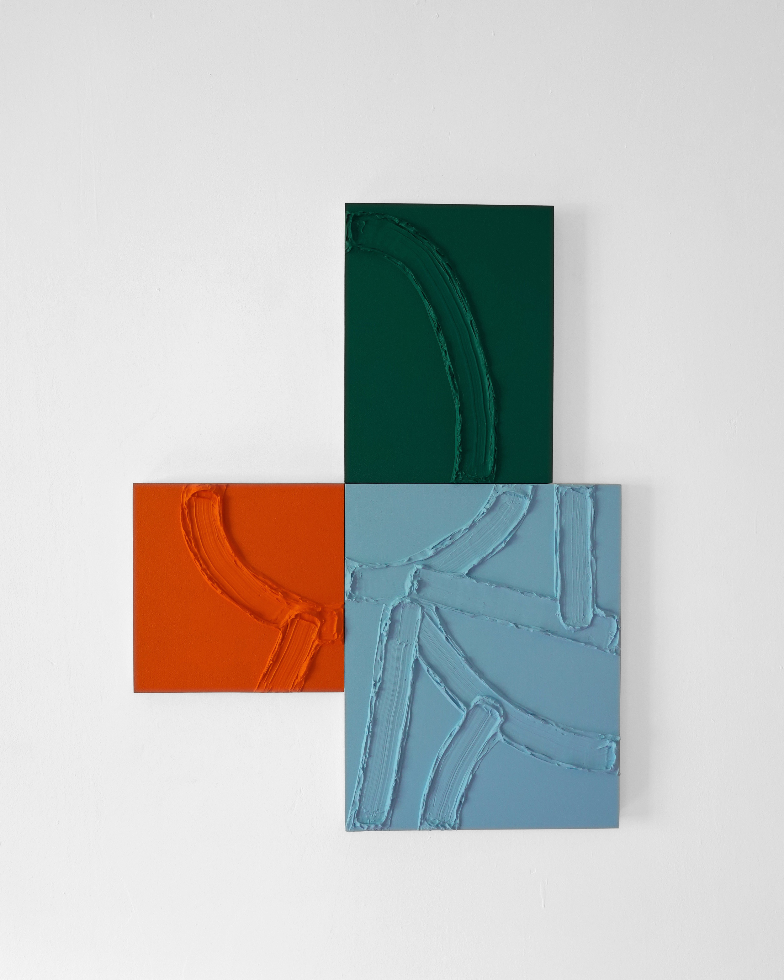 Abstract art consisting of three square panels with textured, painted curved lines in orange, blue, and green on a plain white background.