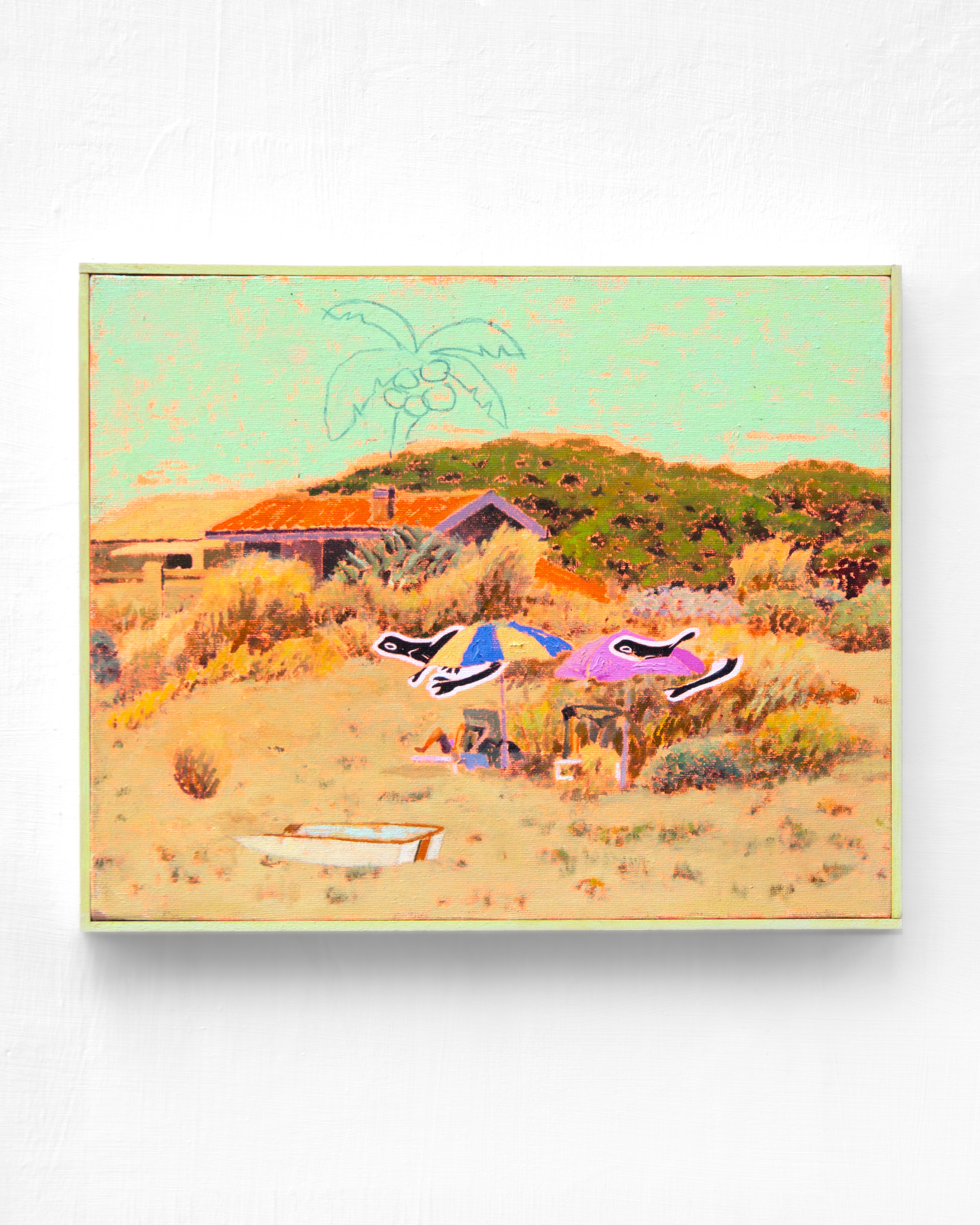 Painting depicting a rural landscape with a house, trees, and two umbrellas in the foreground.